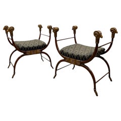 20th-C. Neo-Classical Style Ram Appointed Fruitwood & Gilt Benches / Ottomans -2