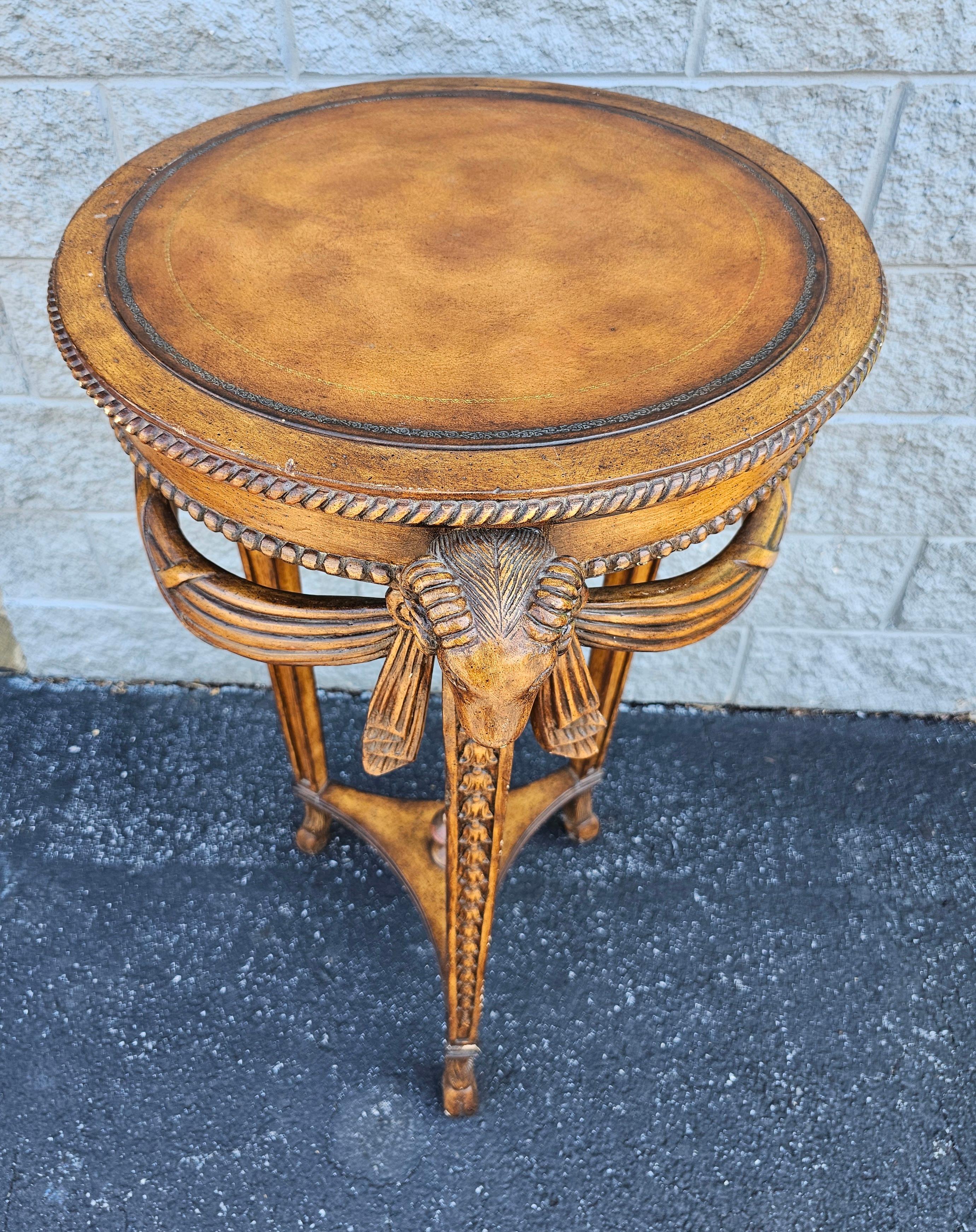 20th Century Neoclassical Style Fruitwood Rams Head and Leather Top Pedestal / Side Table.
Measures 24