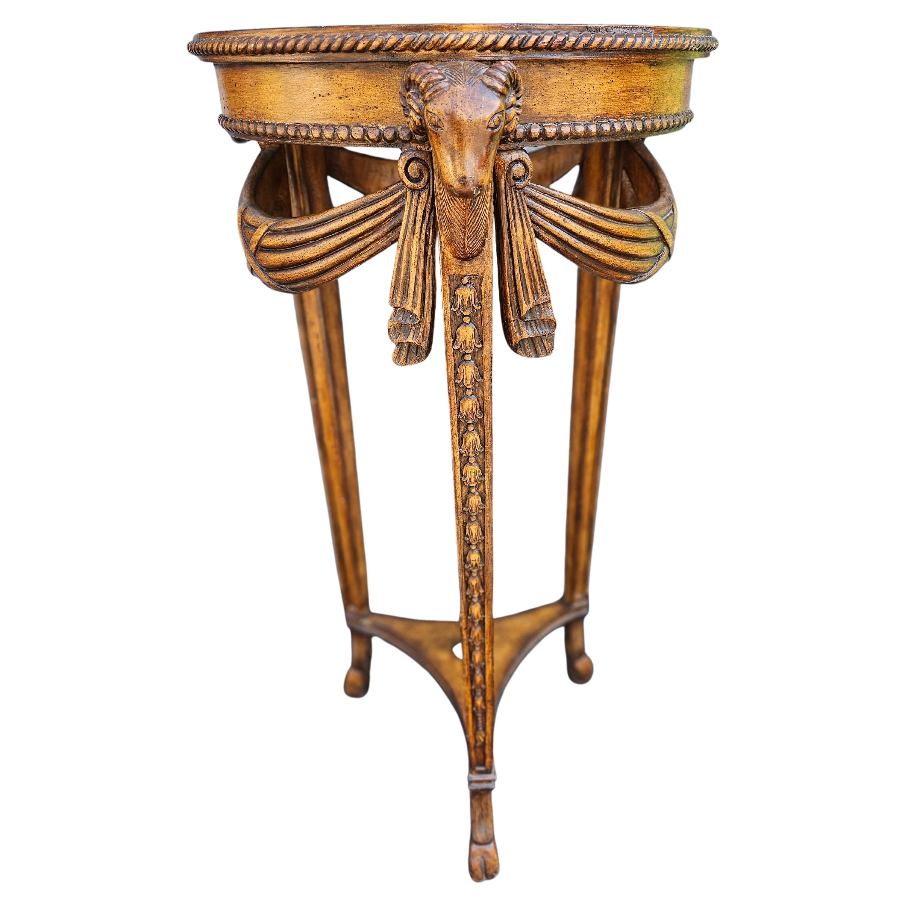 Other 20th C. Neoclassical Style Fruitwood Rams Head Leather Top Pedestal Side Table For Sale