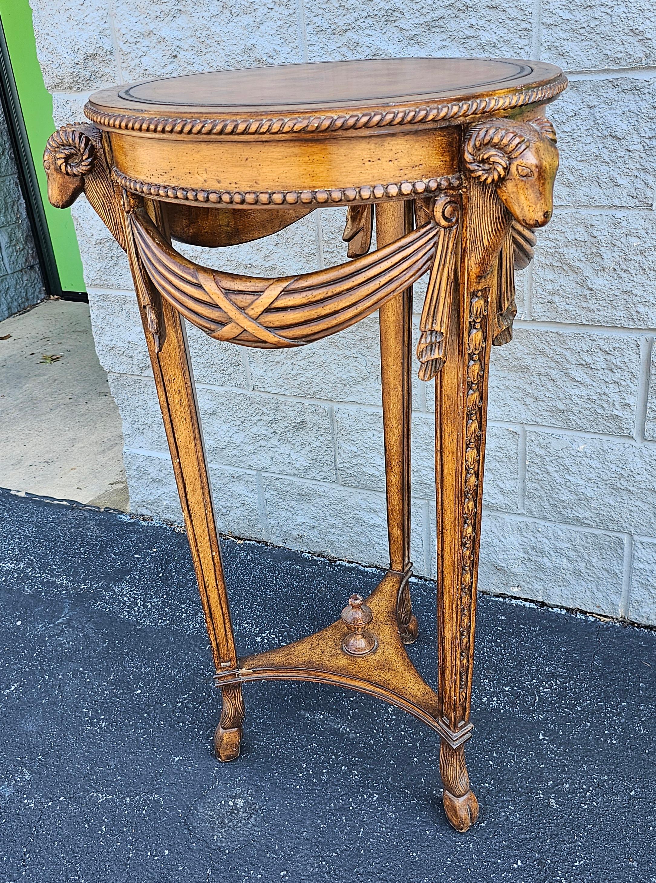 20th Century 20th C. Neoclassical Style Fruitwood Rams Head Leather Top Pedestal Side Table For Sale