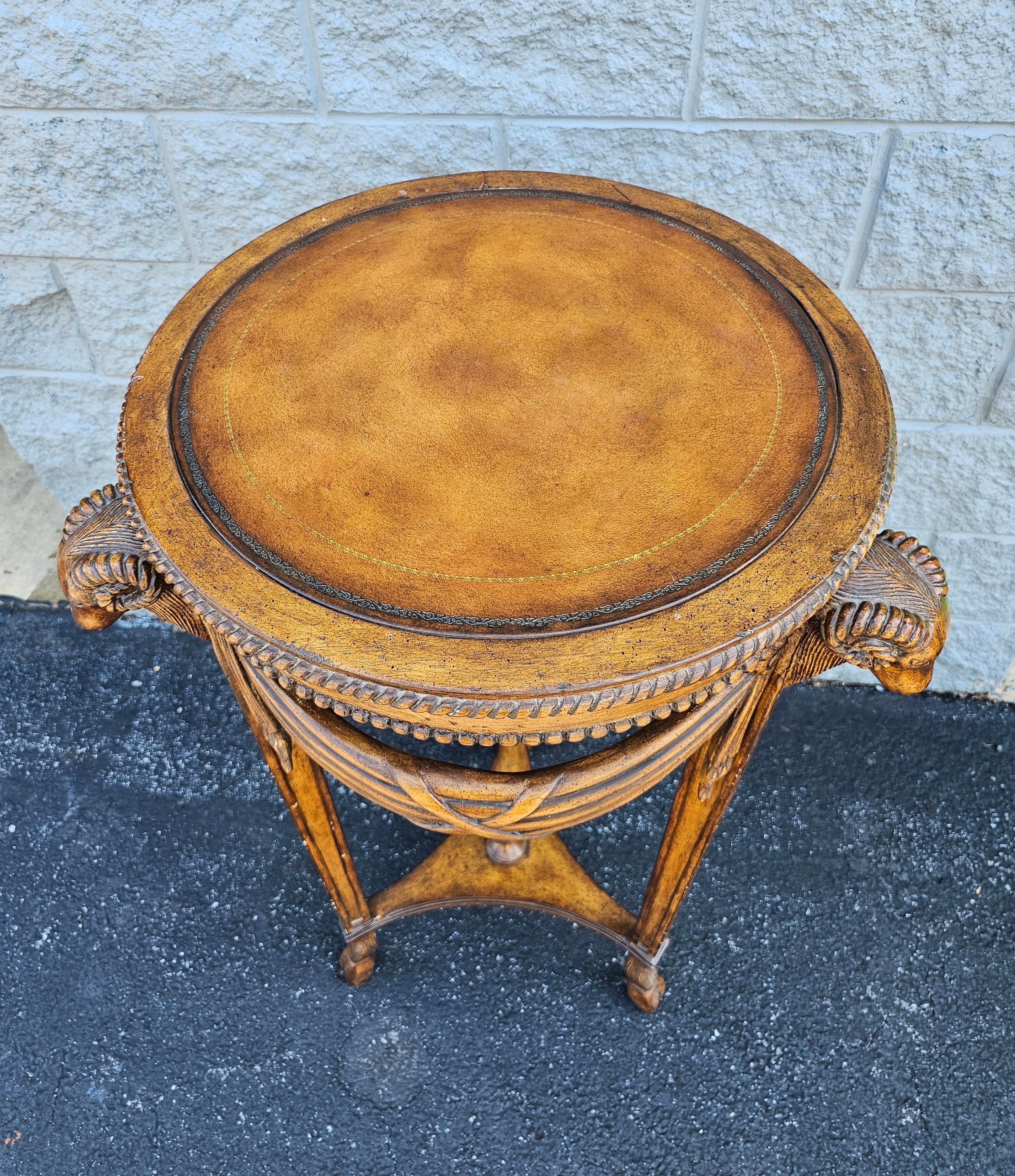 20th C. Neoclassical Style Fruitwood Rams Head Leather Top Pedestal Side Table For Sale 1