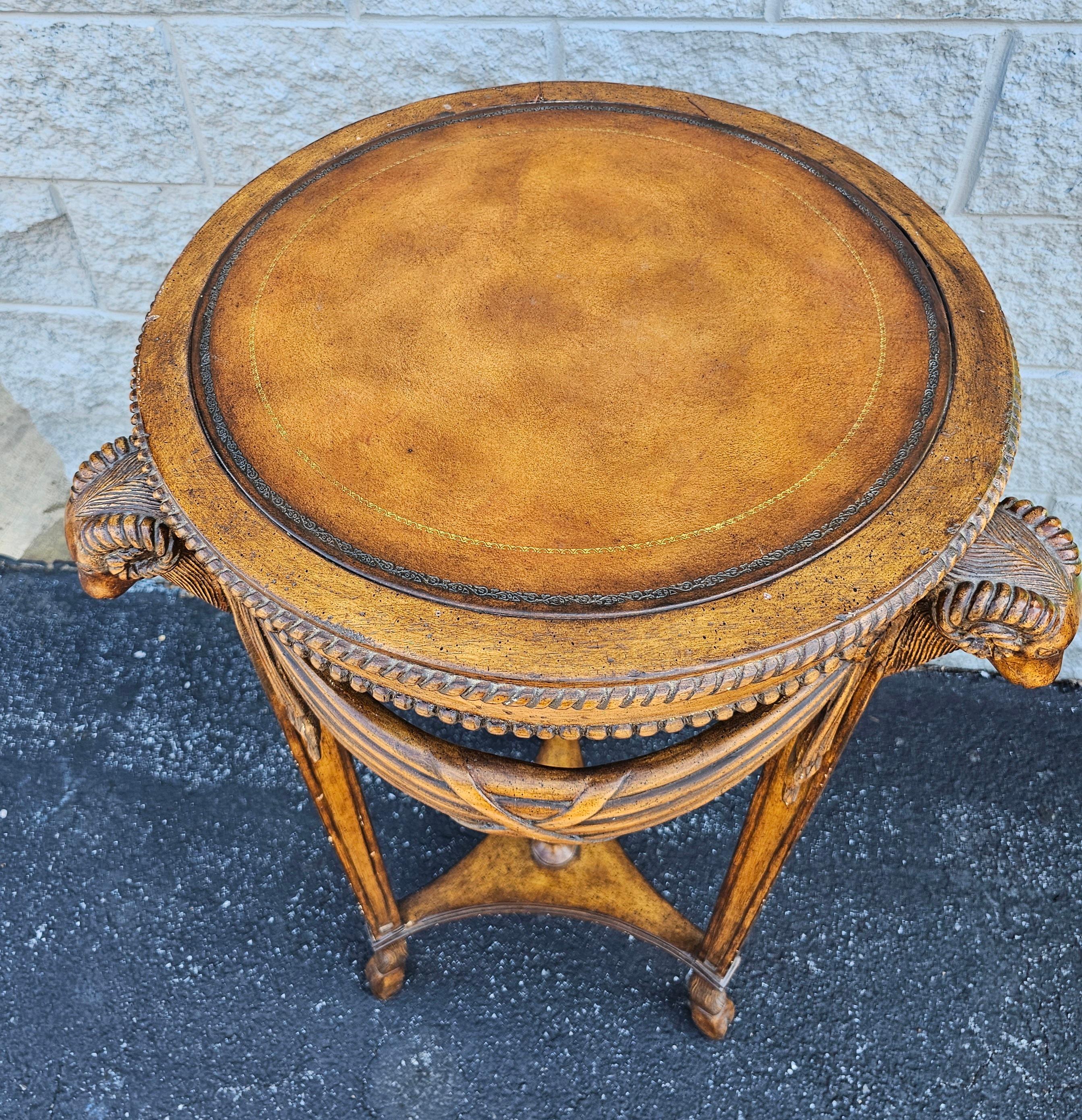 20th C. Neoclassical Style Fruitwood Rams Head Leather Top Pedestal Side Table For Sale 2