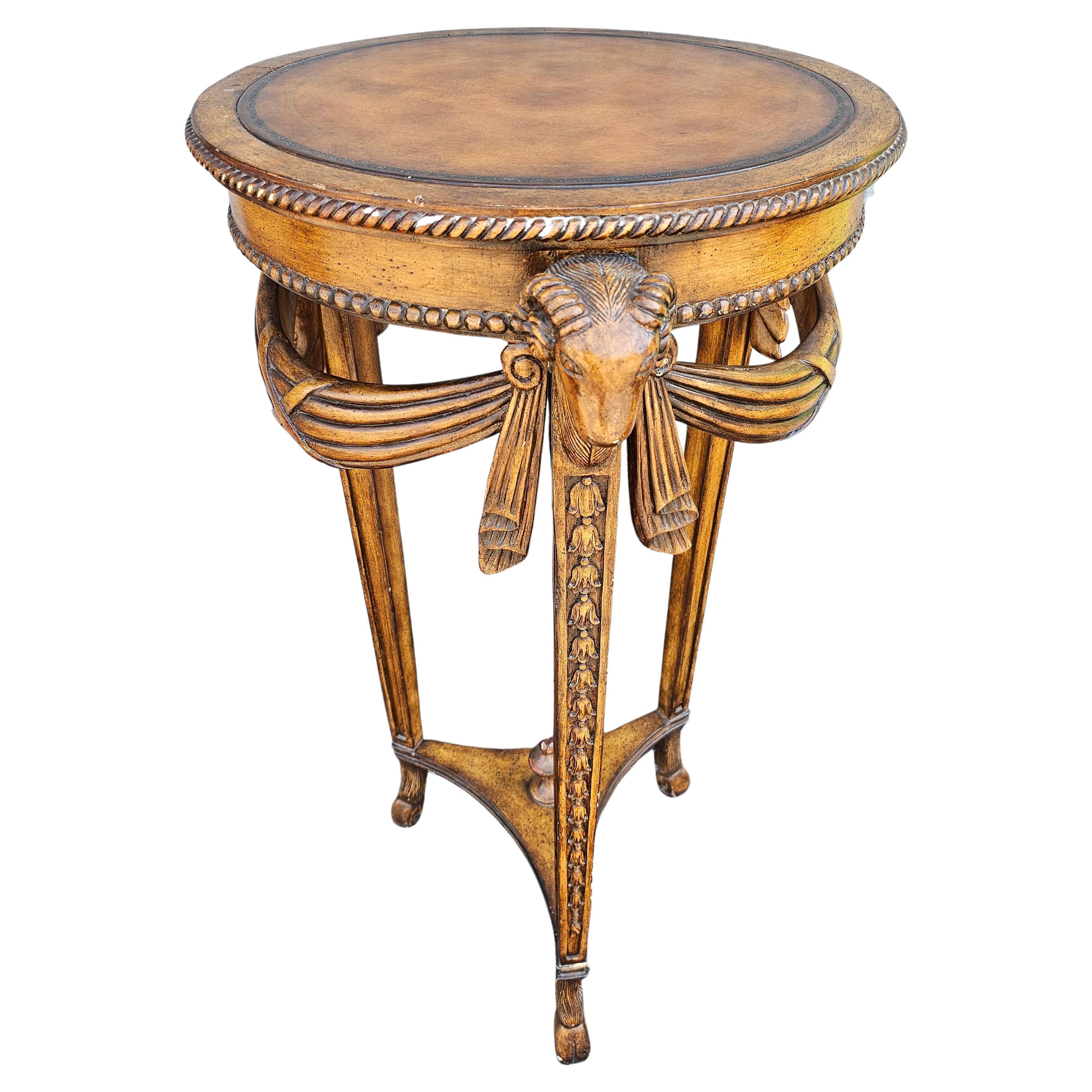 20th C. Neoclassical Style Fruitwood Rams Head Leather Top Pedestal Side Table For Sale