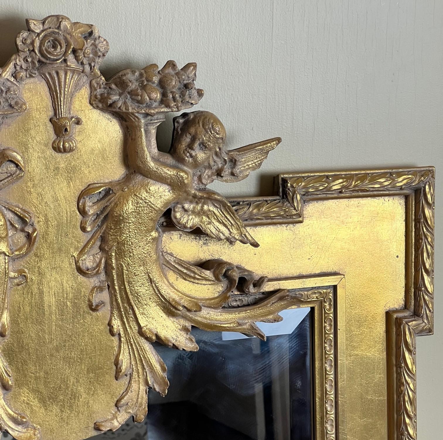 20th C. Neoclassical Style Giltwood Mirror with Cherub and Floral Decoration For Sale 6