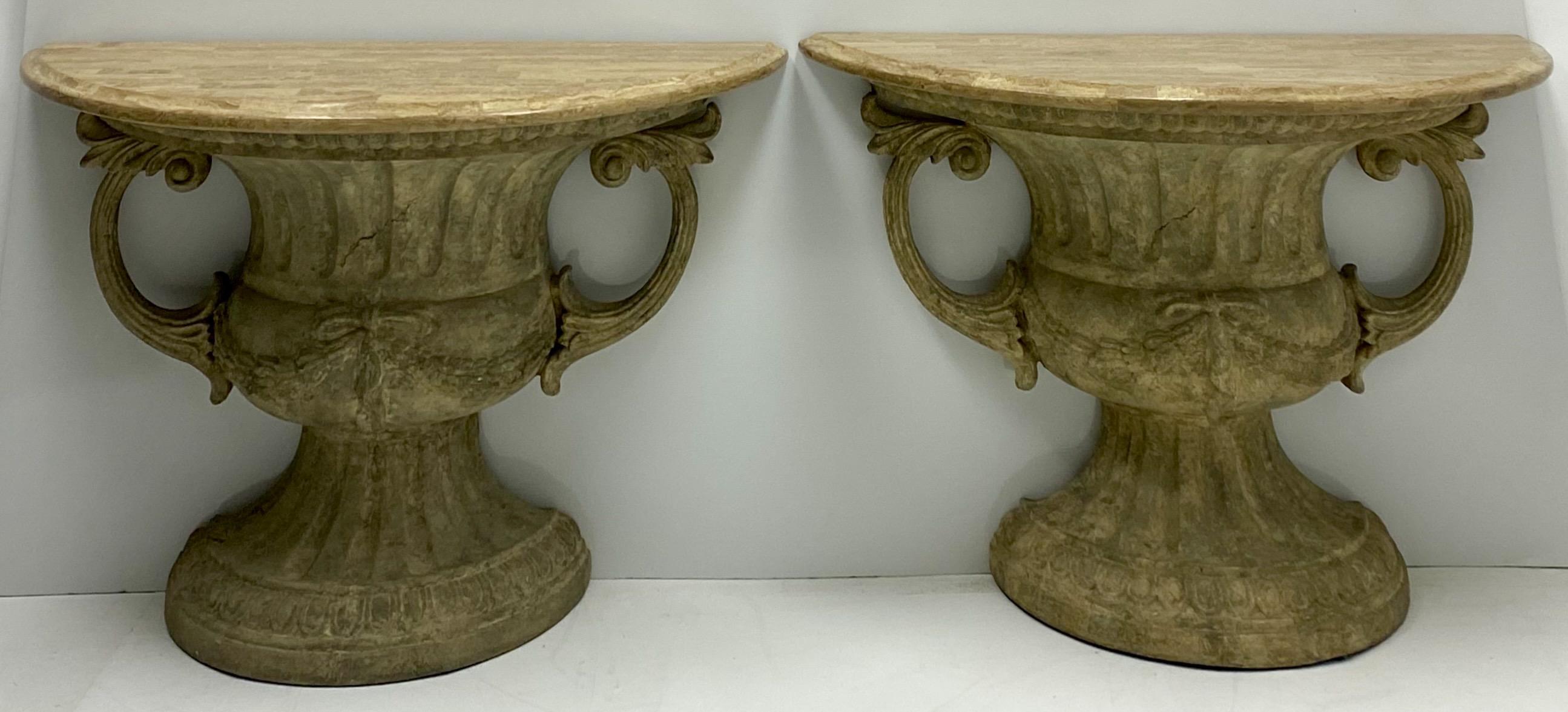 20th Century 20th-C. Neoclassical Style Urn Form Console Tables With Marble Tops, Pair For Sale