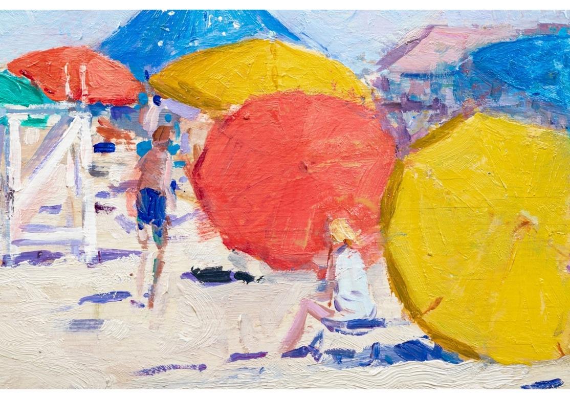 A large and serene painting of Galley Beach, Nantucket. Doyle New York label on the stretcher. Unsigned. A particularly colorful and vibrant oil on canvas painted in the pointillist style. A scene of figures enjoying a sunny summer day at the beach