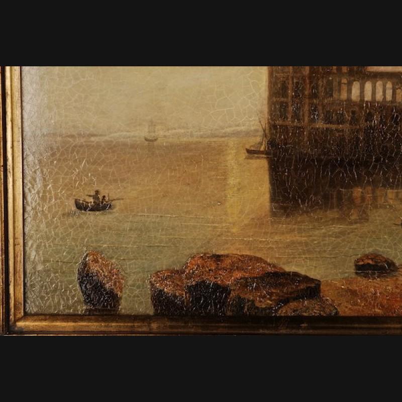 Motif: Palace of the Queen of Naples.
Venetian coastal landscape in the sunset.
Evening mood on the Mediterranean coast with a picturesque town between high cypress trees. Very atmospheric, summery Naples impression painted with a broad
