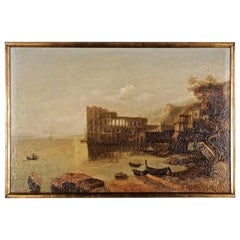 Vintage 20th Century Oil Painting Palace of Queen of Naples, Venetian Coastal Landscape