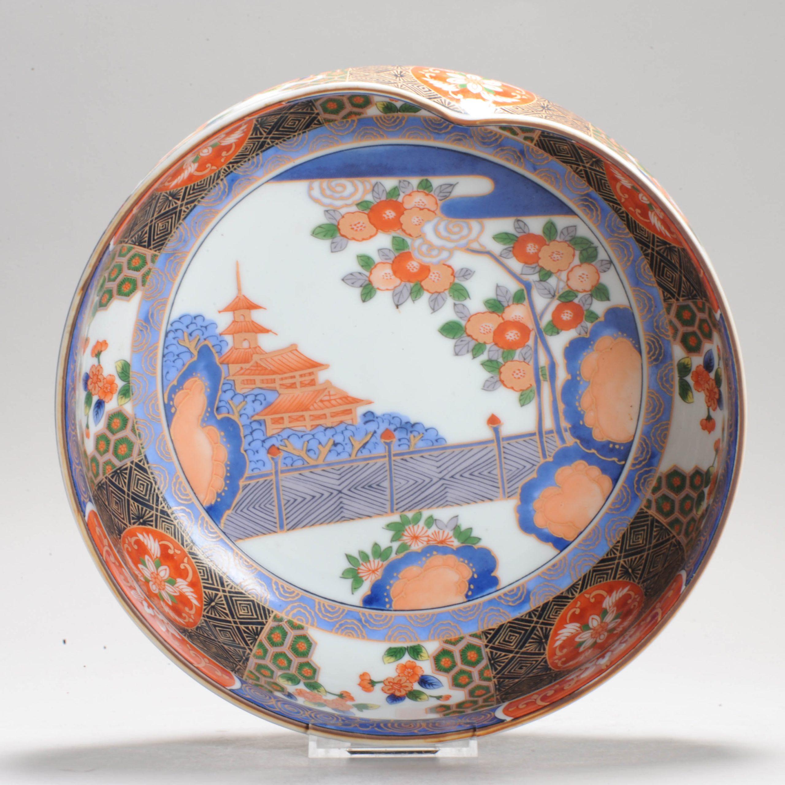 20th c old Imari Arita Japanese Bowl Landscape Village Garden