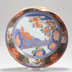 20th c old Imari Arita Japanese Bowl Landscape Village Garden