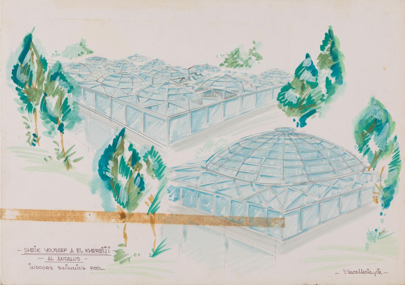 20th C Orientalist School Plans of the Views of Youssef Al Khereiji's Hotel In Good Condition For Sale In Marbella, ES