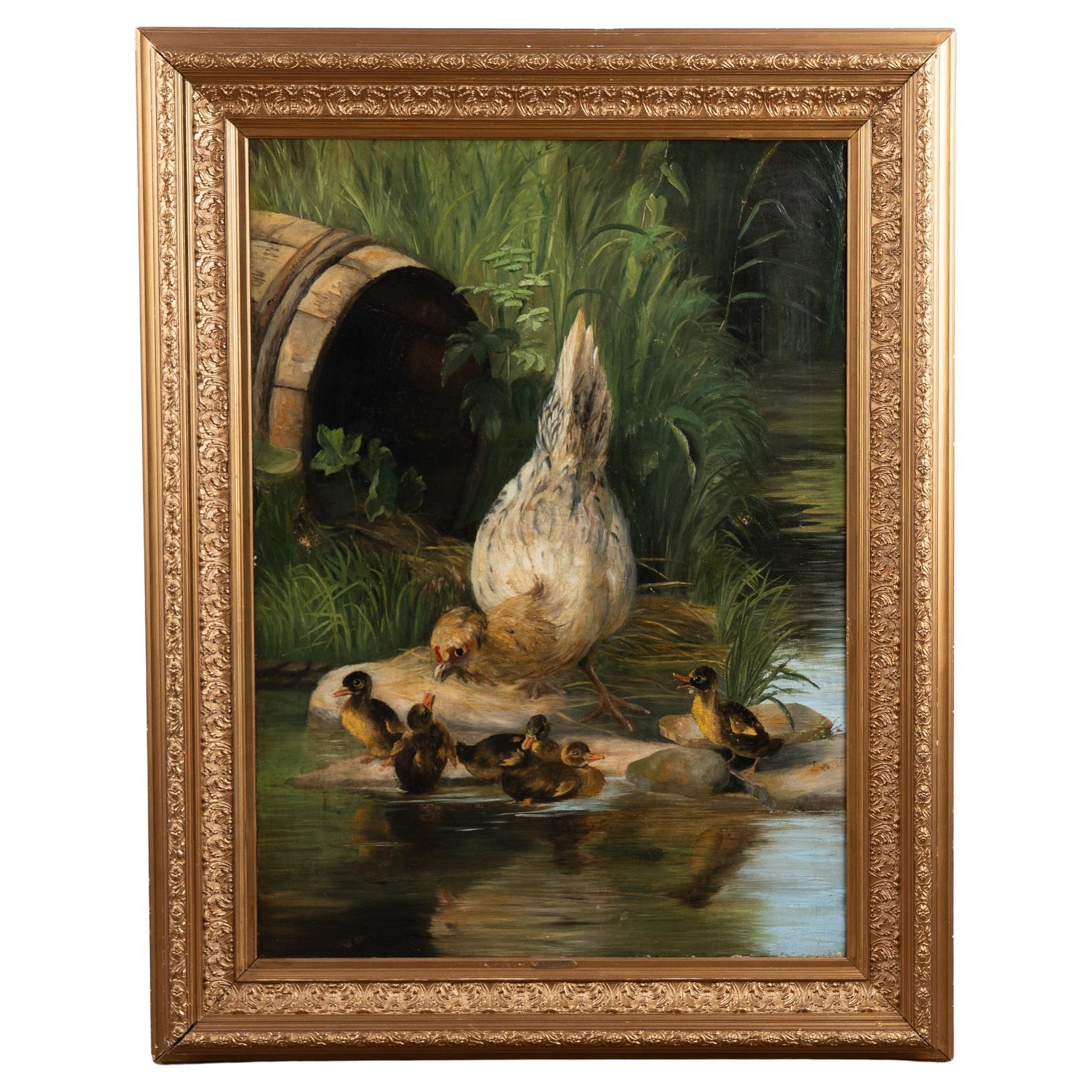 20th C. Orig. Oil on Canvas Painting of Hen 
Ducklings at Pond by A. Mackeprang