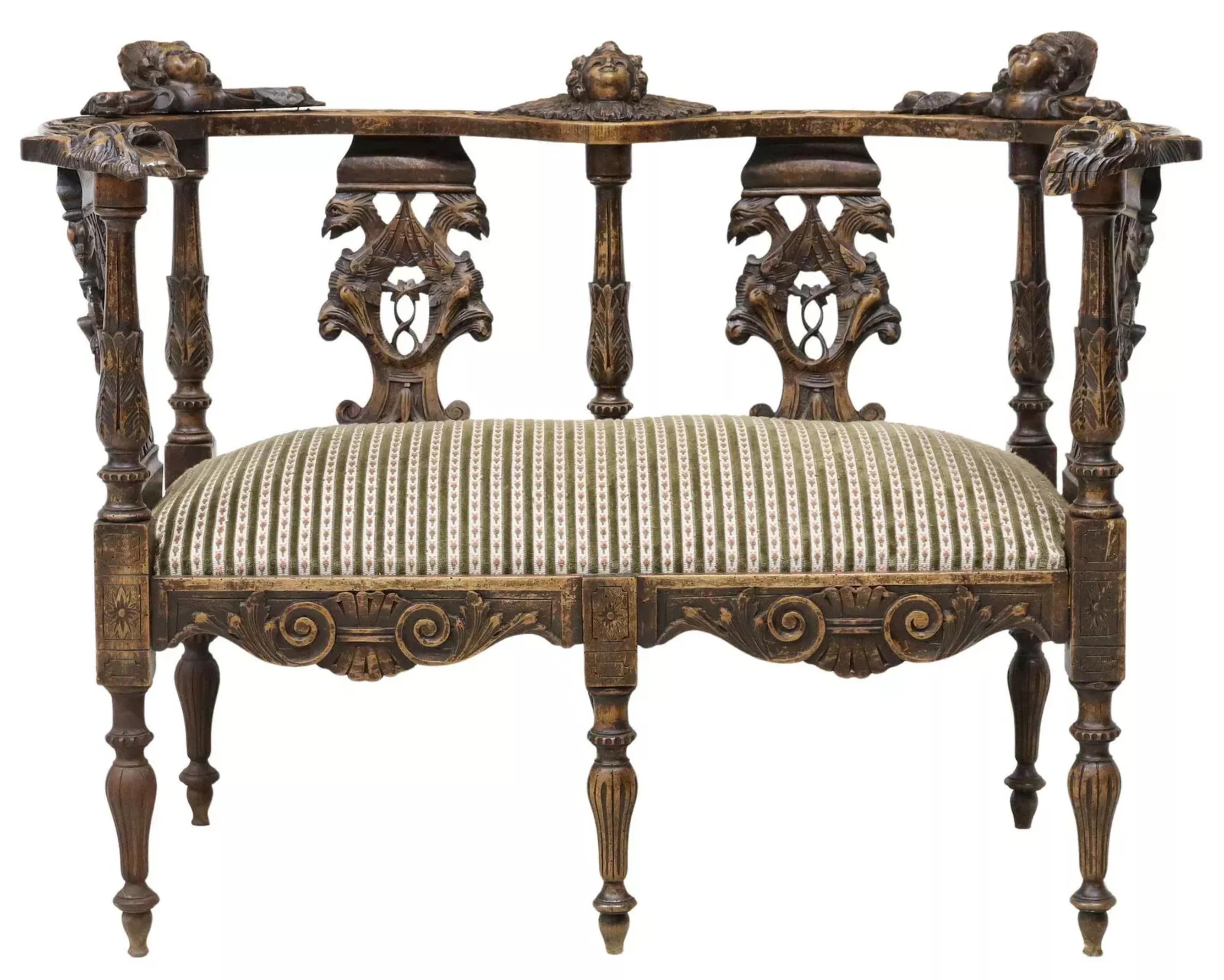 20th C. Ornate French  Renaissance Revival, Carved, Upholstered Salon Settee, 1900's 20th Century!

Gorgeous Salon Settee, Ornate French,  Renaissance Revival, Figural, Carved, Upholstered, 20th Century, 1900s! This exquisite Salon Settee boasts an