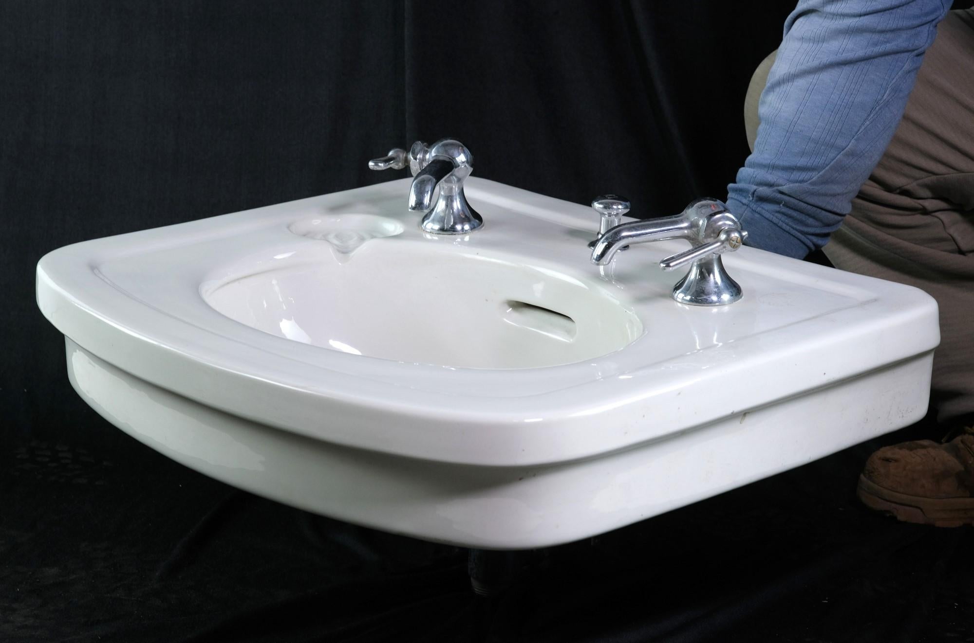 20th C. Oval Basin White Porcelain Wall Sink w/ Curved Front  1