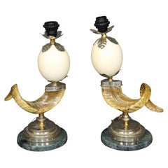 20th c. Pair Anthony Redmile Style Hollywood Regency Brass Mounted Horn Lamps