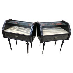 20th C Pair of Italian Bedside Tables with Rare Marble Top and Glass Backsplash