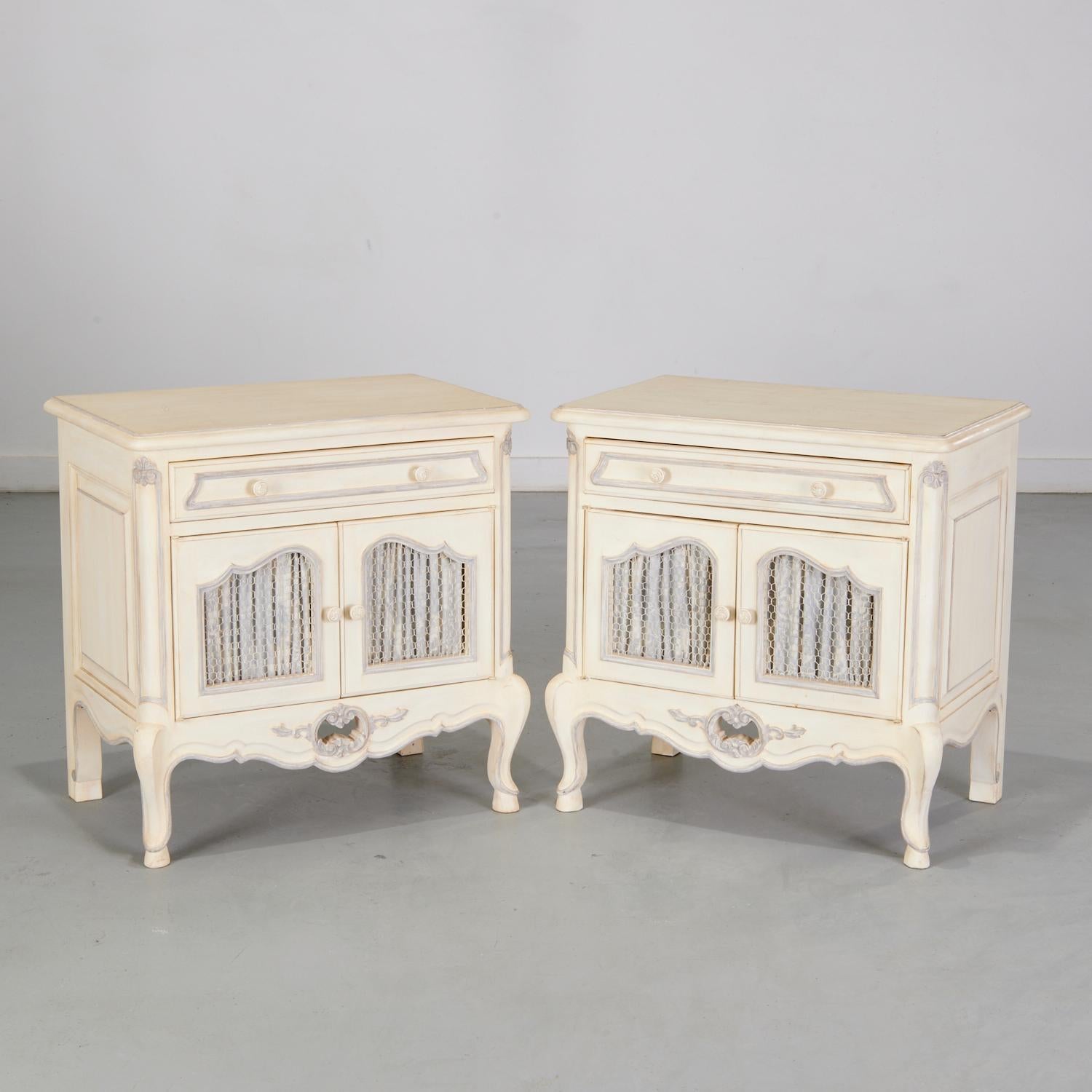 20th c. Pair of Louis XV Style Painted Nightstands with Fabric Door Lining For Sale 5