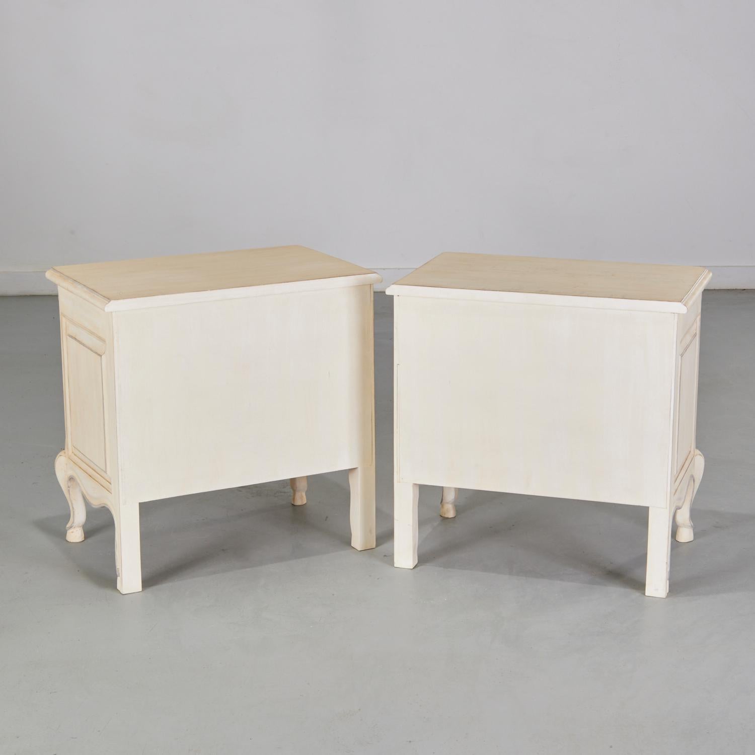 20th c. Pair of Louis XV Style Painted Nightstands with Fabric Door Lining For Sale 3