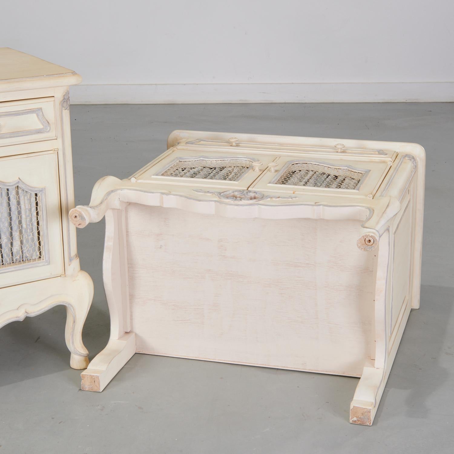 20th c. Pair of Louis XV Style Painted Nightstands with Fabric Door Lining For Sale 4