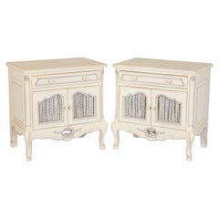 20th c. Pair of Louis XV Style Painted Nightstands with Fabric Door Lining