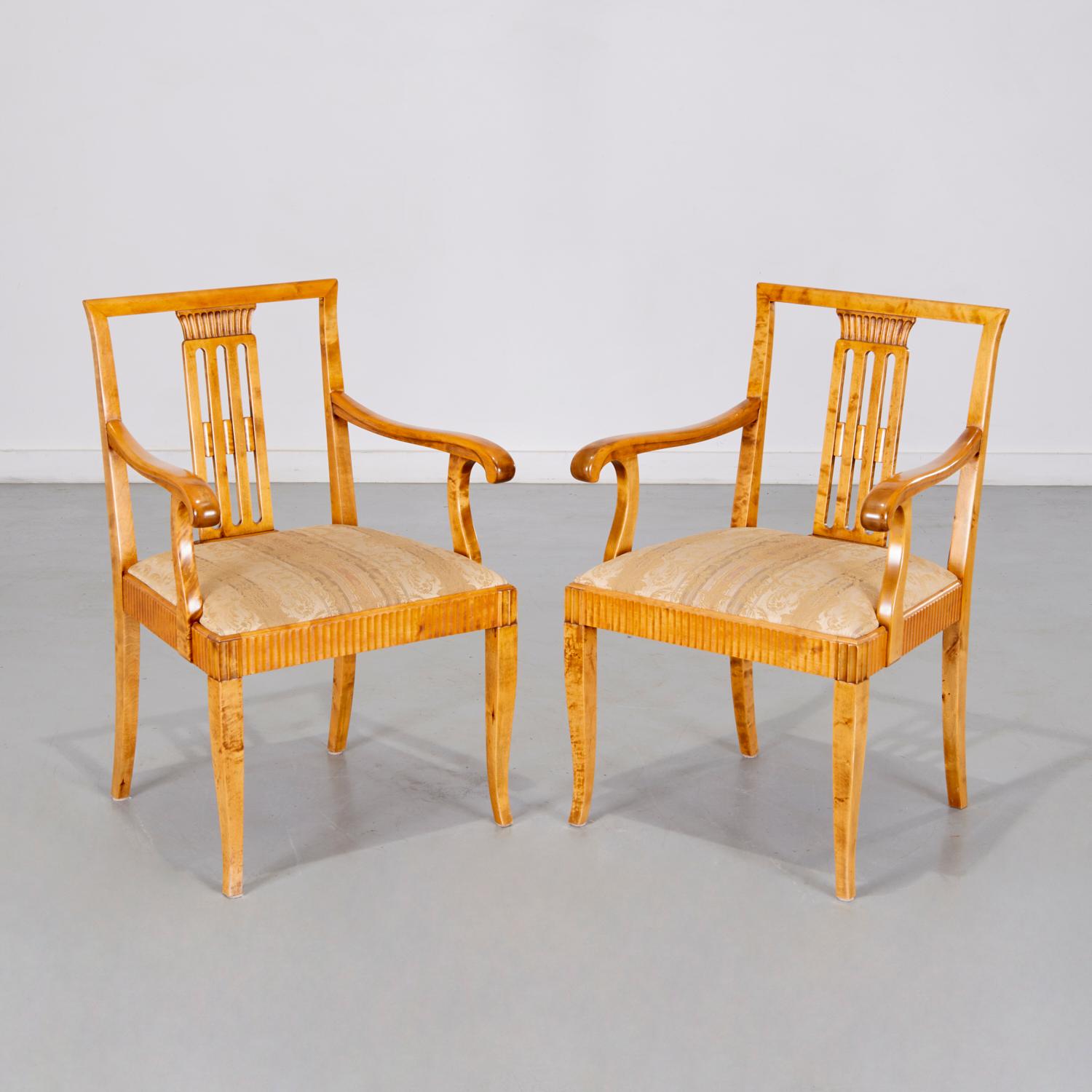 20th c. Pair of Swedish Neoclassical Birch Armchairs with Damask Upholstery For Sale 5