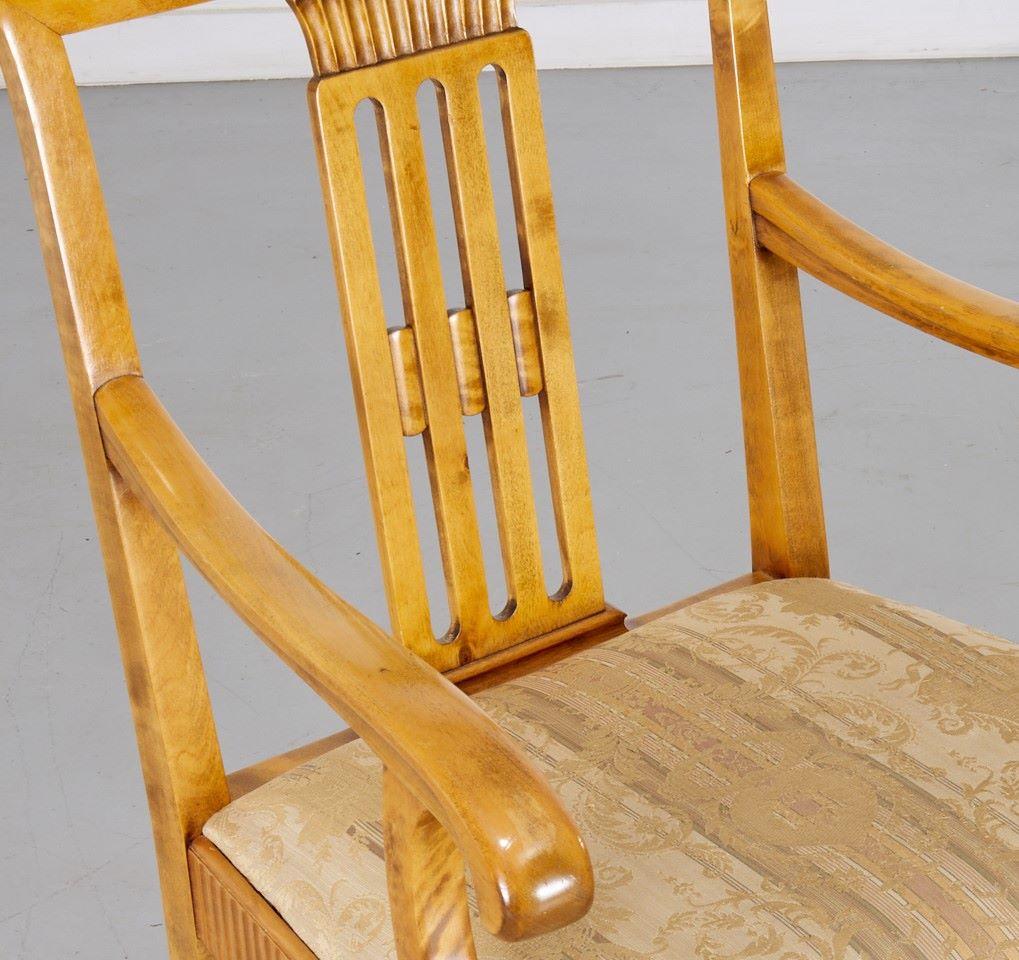 Hand-Carved 20th c. Pair of Swedish Neoclassical Birch Armchairs with Damask Upholstery For Sale