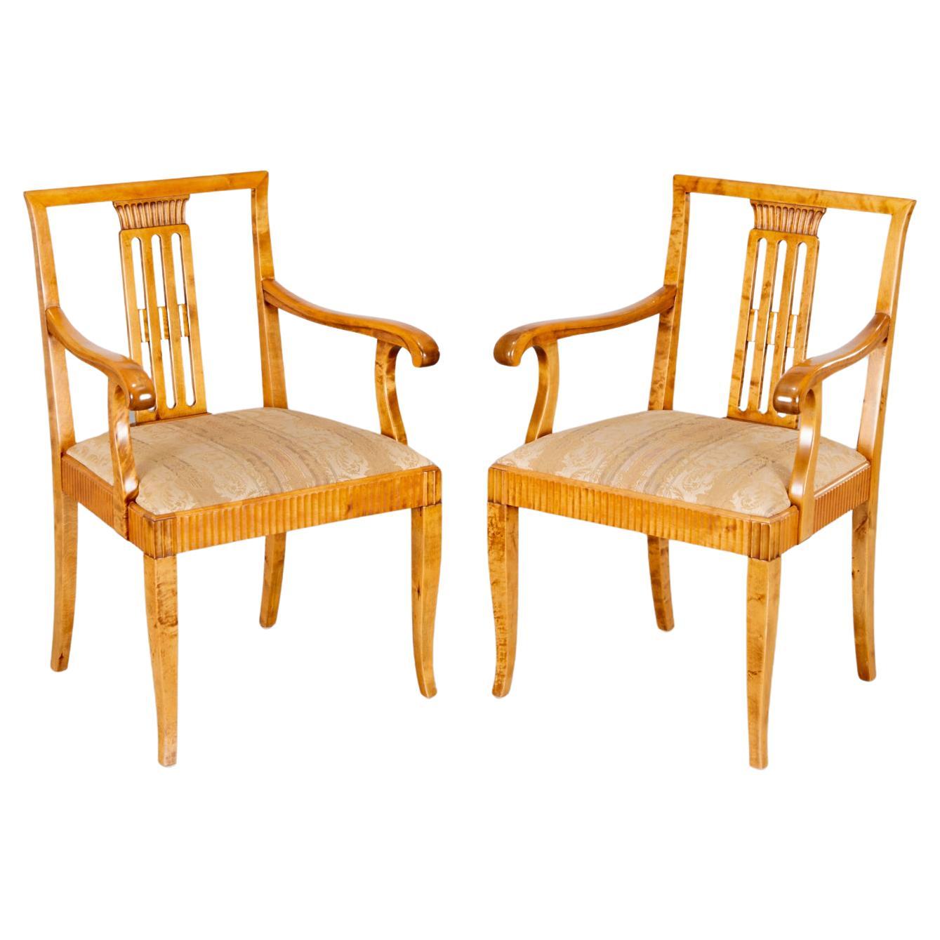 20th c. Pair of Swedish Neoclassical Birch Armchairs with Damask Upholstery For Sale