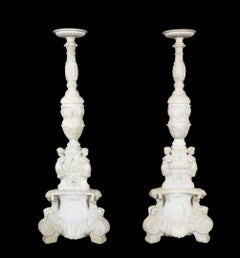 20th c Pair White Marble Figural Carved Pedestals Plantstands