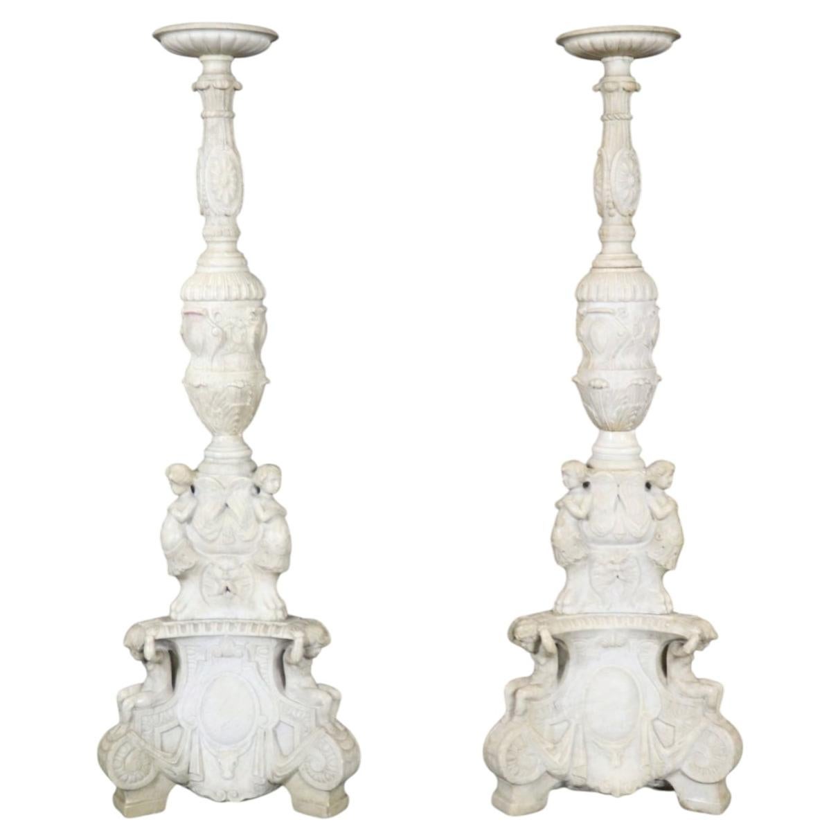 20th c Pair White Marble Figural Carved Pedestals Plantstands For Sale