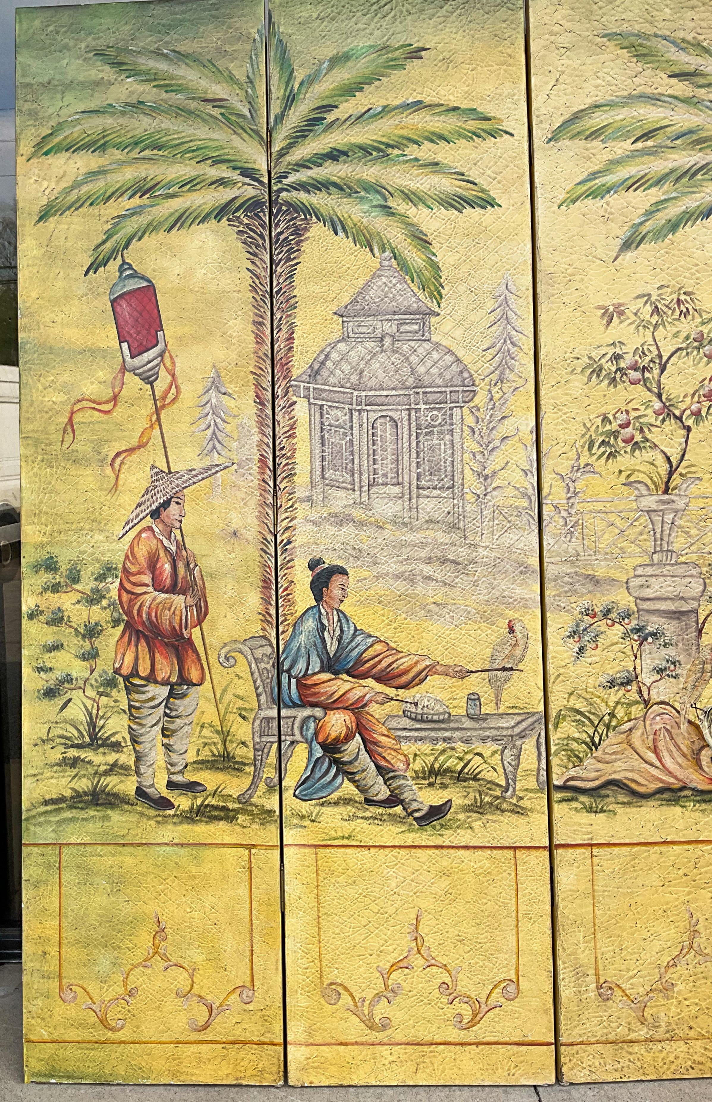 American 20th Century Palm Beach Inspired Chinoiserie Painted Folding Screen, 8 Panels For Sale