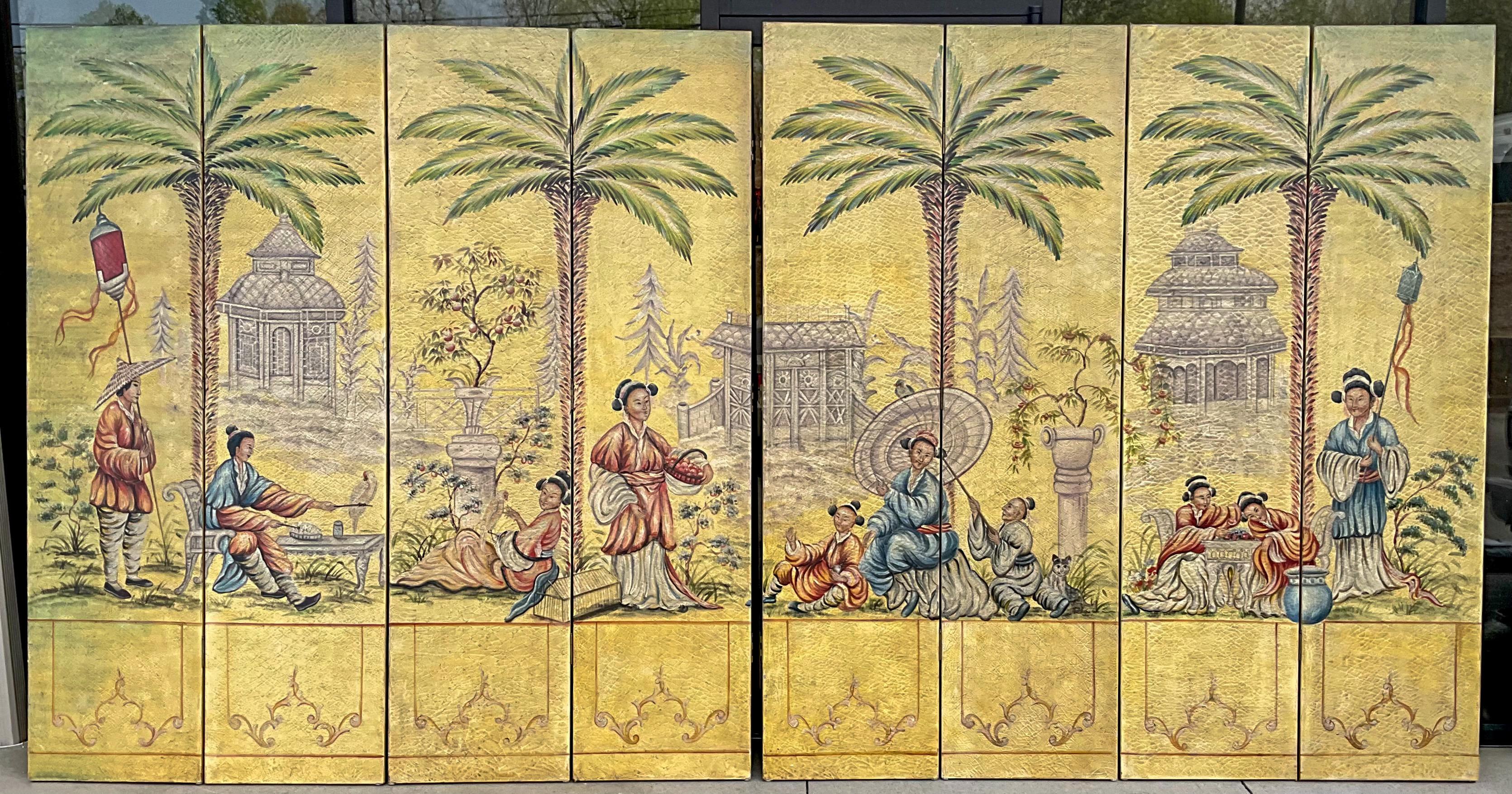 20th Century Palm Beach Inspired Chinoiserie Painted Folding Screen, 8 Panels For Sale 1