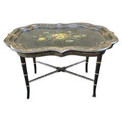 20th C. Parcel Gilt And Ebonized Enamel Japaned Decorated Faux Bamboo Tray Table