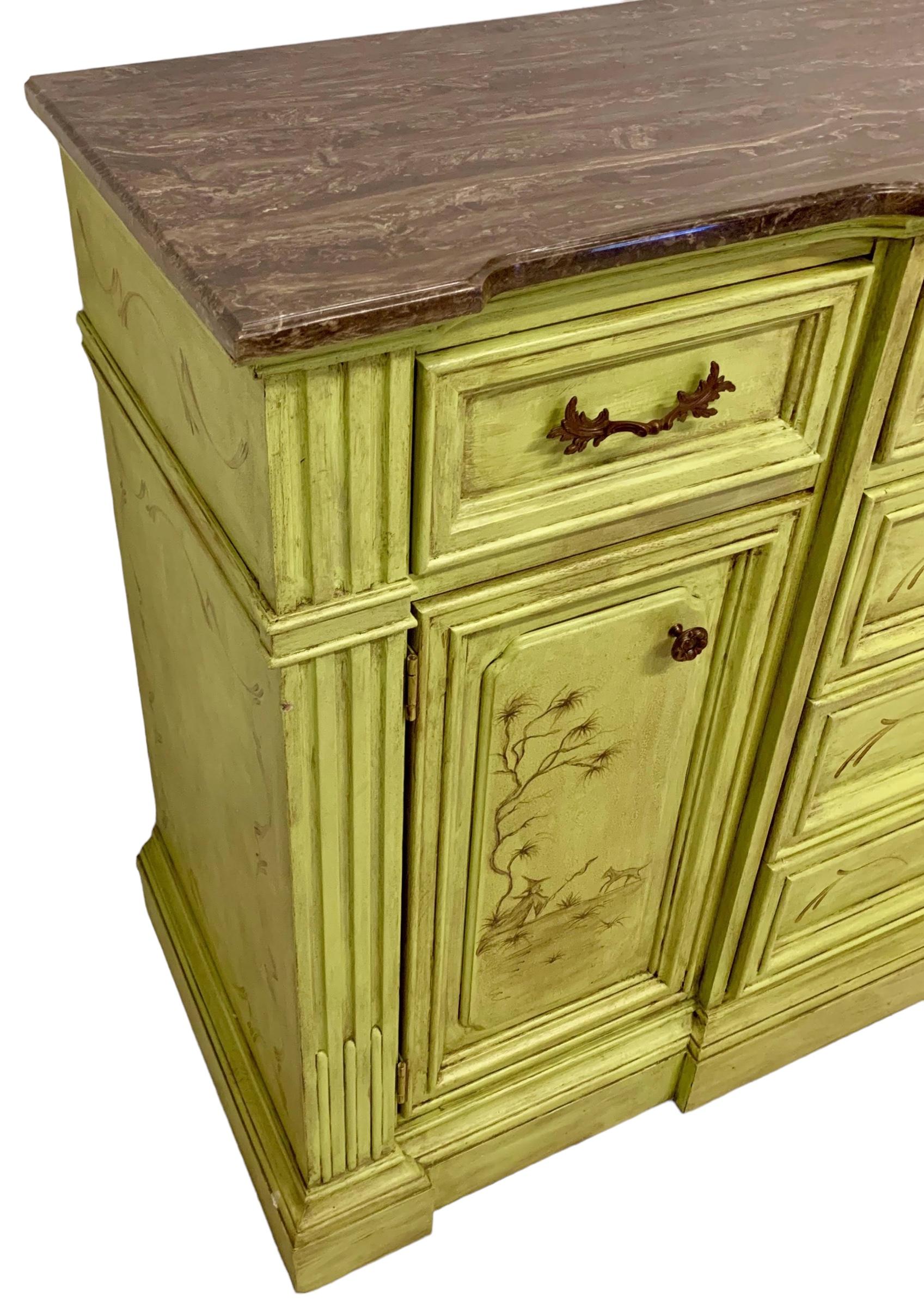 American 20th-C. Patina Style Hand Painted Marble Top Chinoiserie Sideboard / Credenza  For Sale