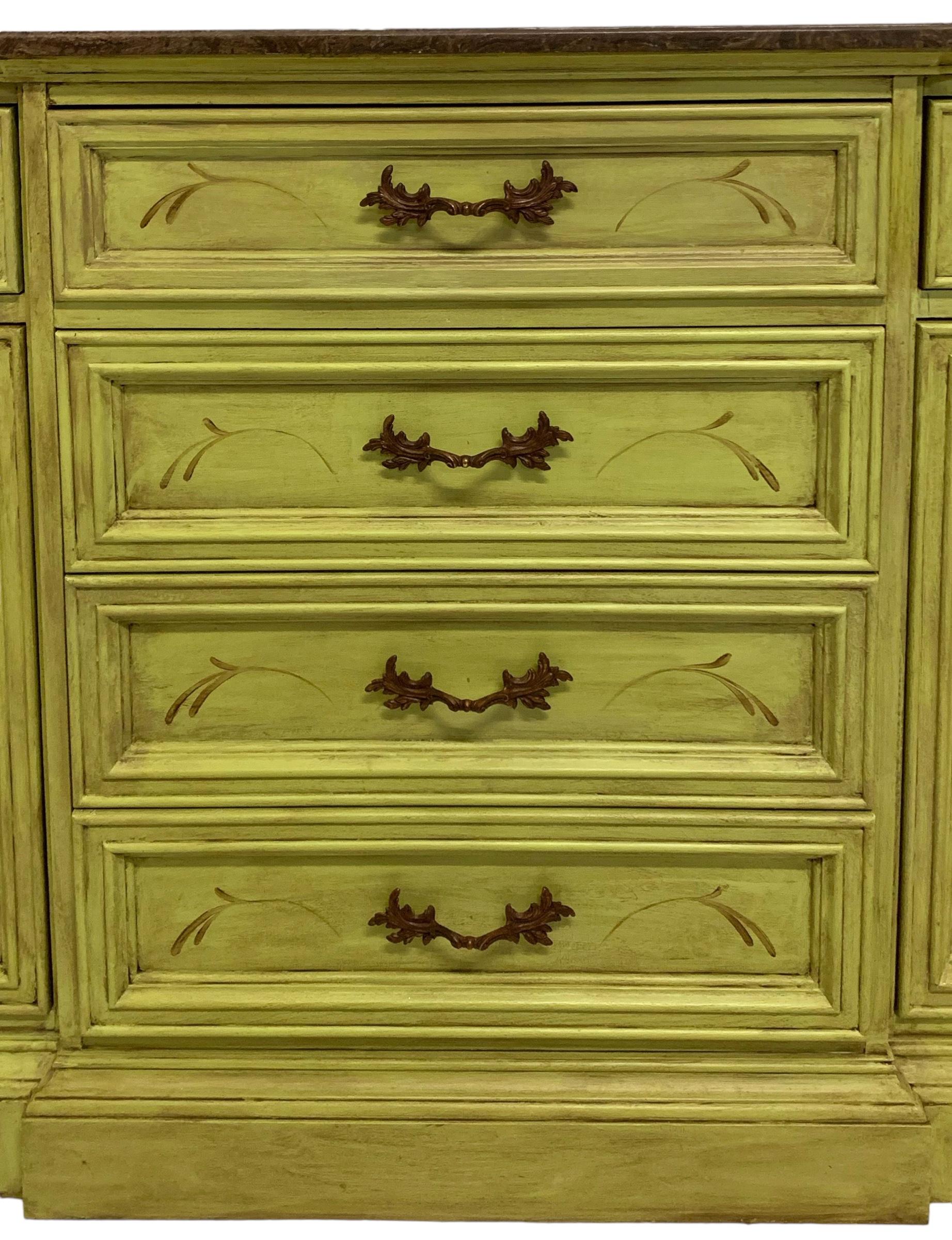 20th-C. Patina Style Hand Painted Marble Top Chinoiserie Sideboard / Credenza  In Good Condition For Sale In Kennesaw, GA