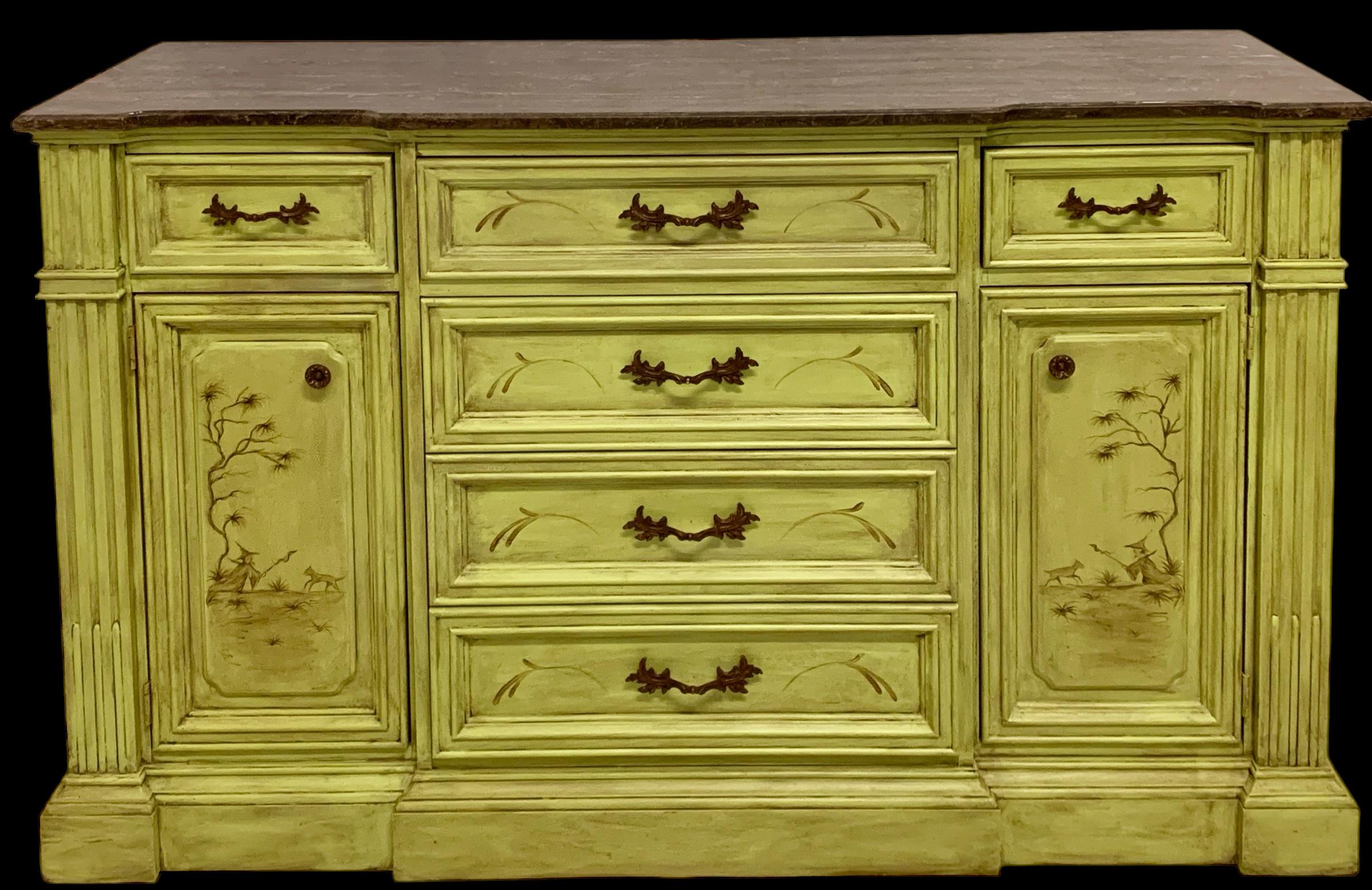 20th Century 20th-C. Patina Style Hand Painted Marble Top Chinoiserie Sideboard / Credenza  For Sale