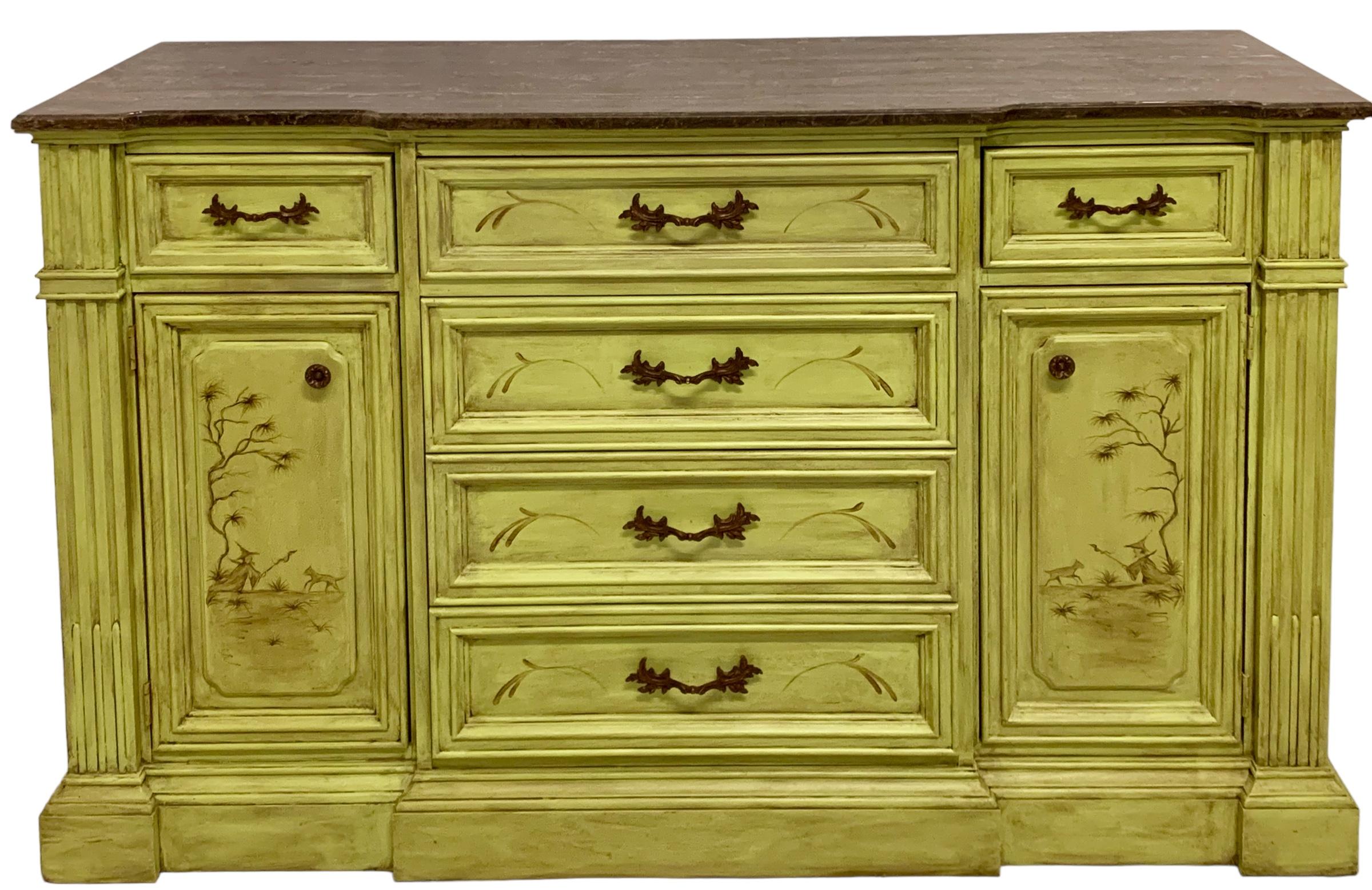 20th-C. Patina Style Hand Painted Marble Top Chinoiserie Sideboard / Credenza  For Sale 3