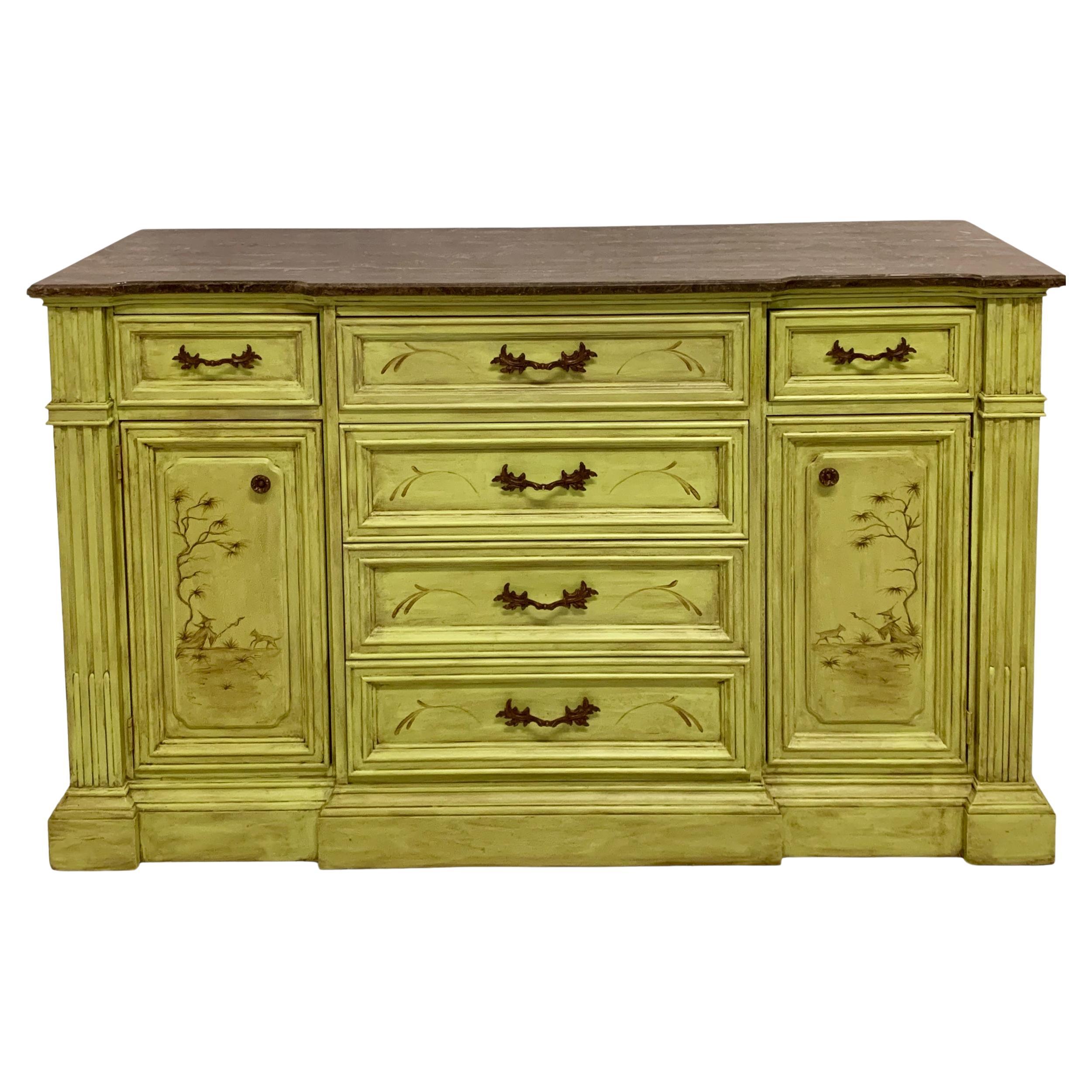 20th-C. Patina Style Hand Painted Marble Top Chinoiserie Sideboard / Credenza  For Sale