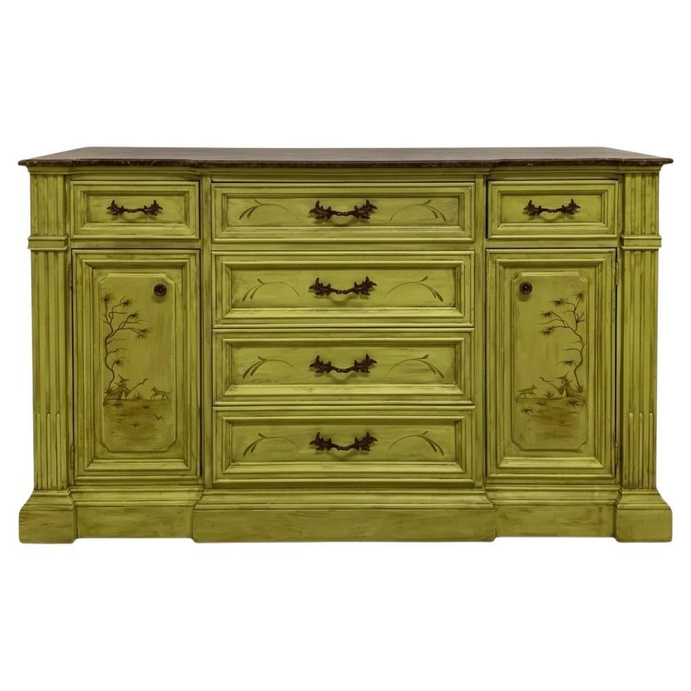 20th-C. Patina Style Hand Painted Marble Top Chinoiserie Sideboard / Credenza