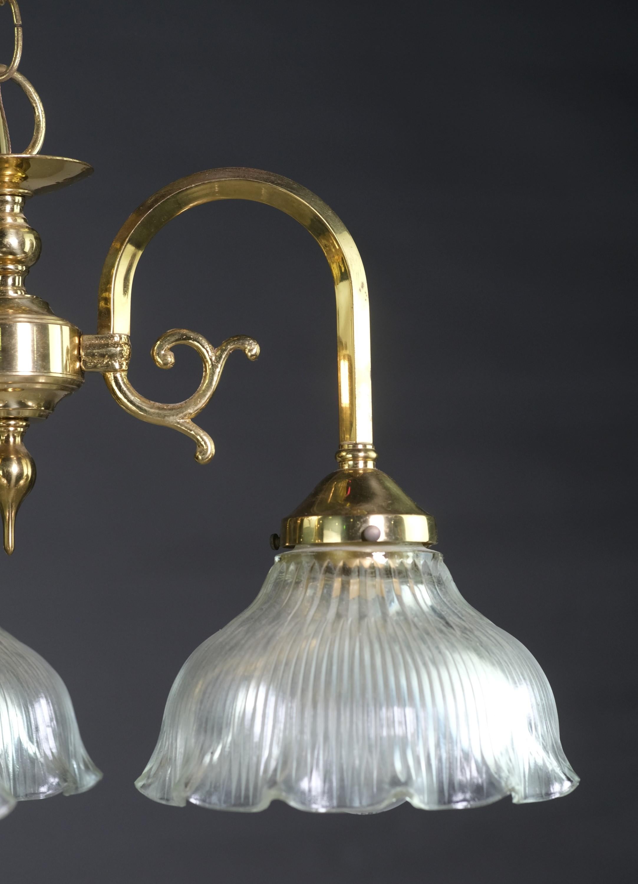 20th C Polished Brass Pendant Light w 3 Ribbed Shades In Good Condition For Sale In New York, NY
