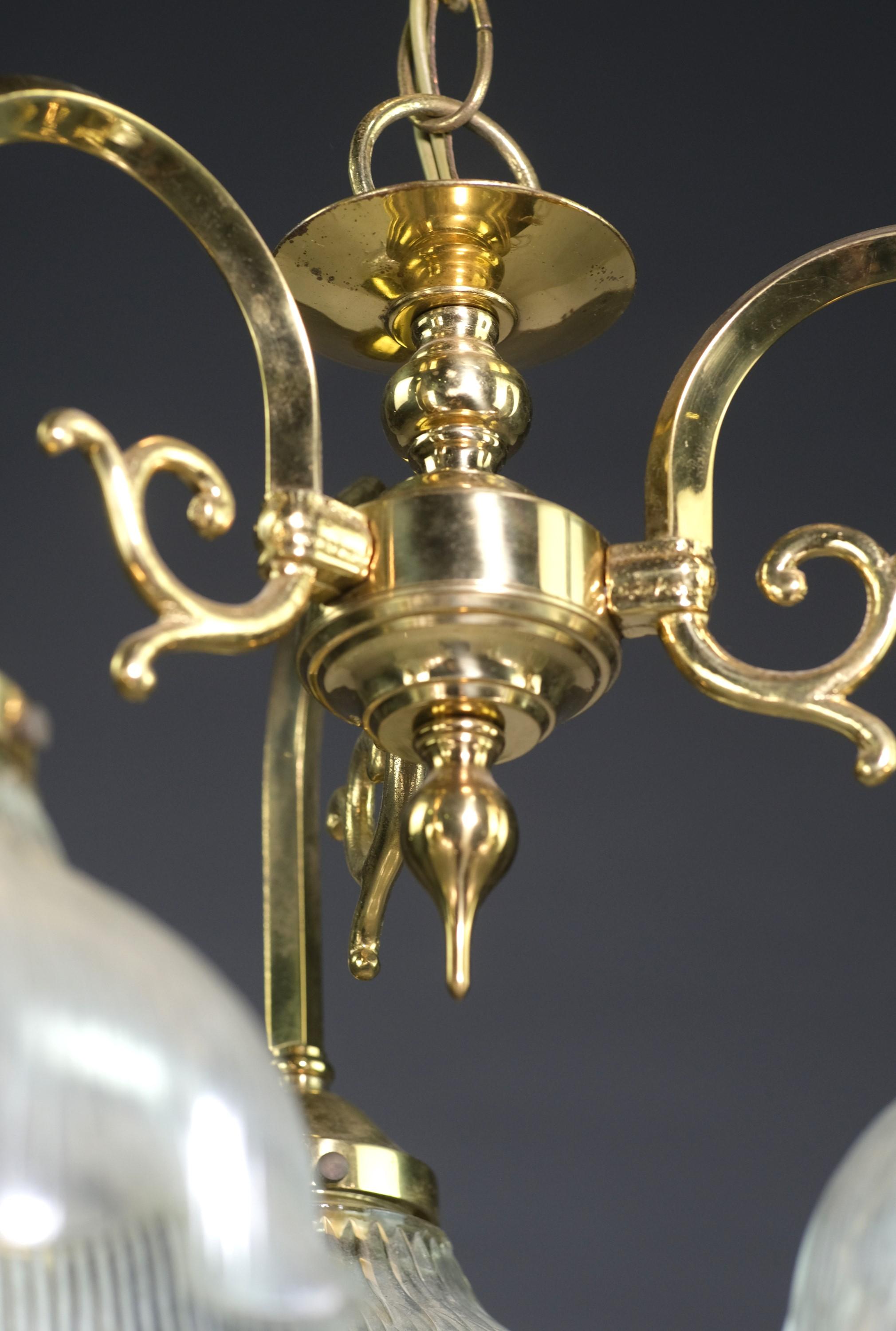 20th C Polished Brass Pendant Light w 3 Ribbed Shades For Sale 2