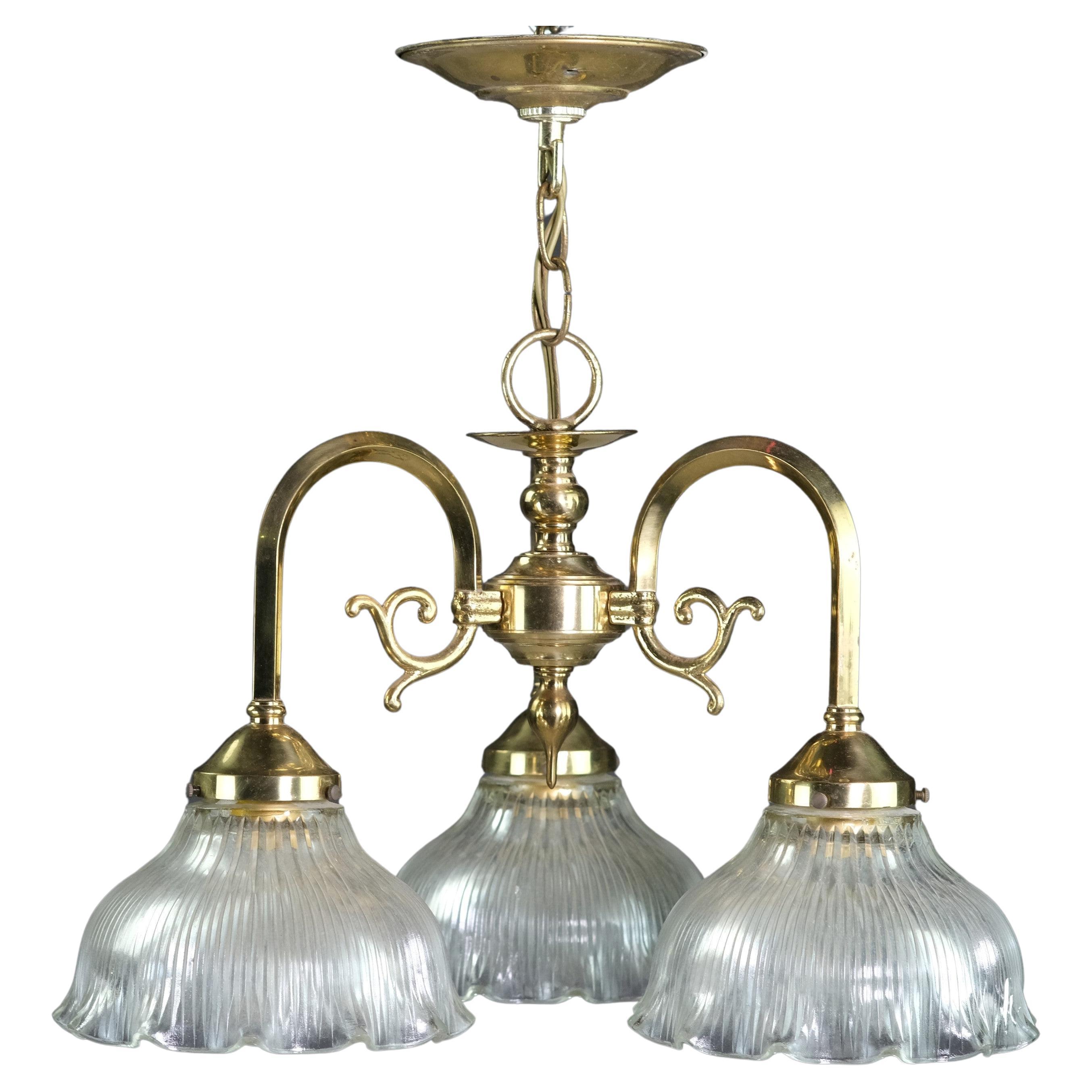 20th C Polished Brass Pendant Light w 3 Ribbed Shades For Sale