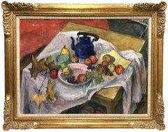 20th C. Post Impressionist Style Still Life Signed Oil Painting Kettle W/ Fruit