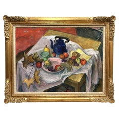 20th C. Post Impressionist Style Still Life Signed Oil Painting Kettle W/ Fruit