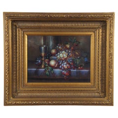 Vintage 20th C. Realist Still Life Oil on Canvas Painting Grapes Wine Peaches Framed 26"