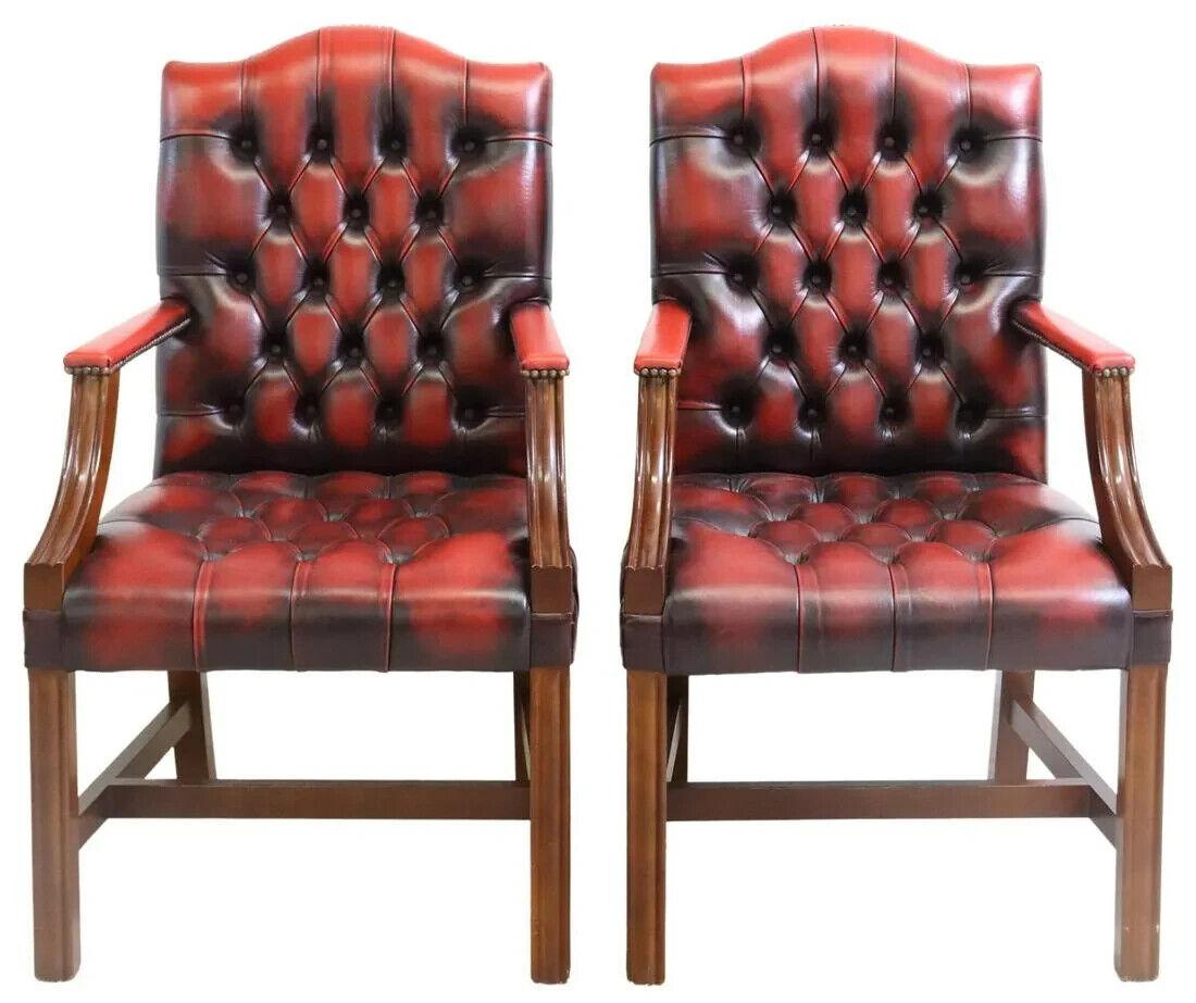 20th Century 20th C. Red Leather, English, Six, GainsBorough Style, Nailhead Trim Armchairs! For Sale