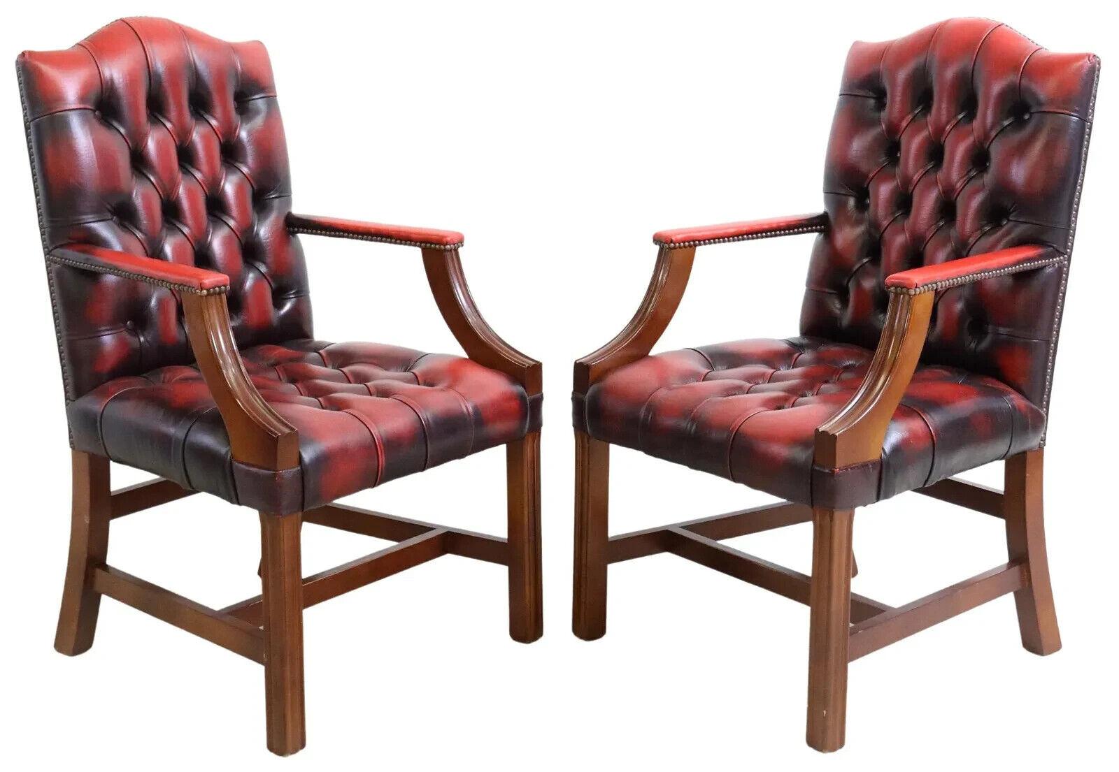 20th C. Red Leather, English, Six, GainsBorough Style, Nailhead Trim Armchairs! For Sale 1