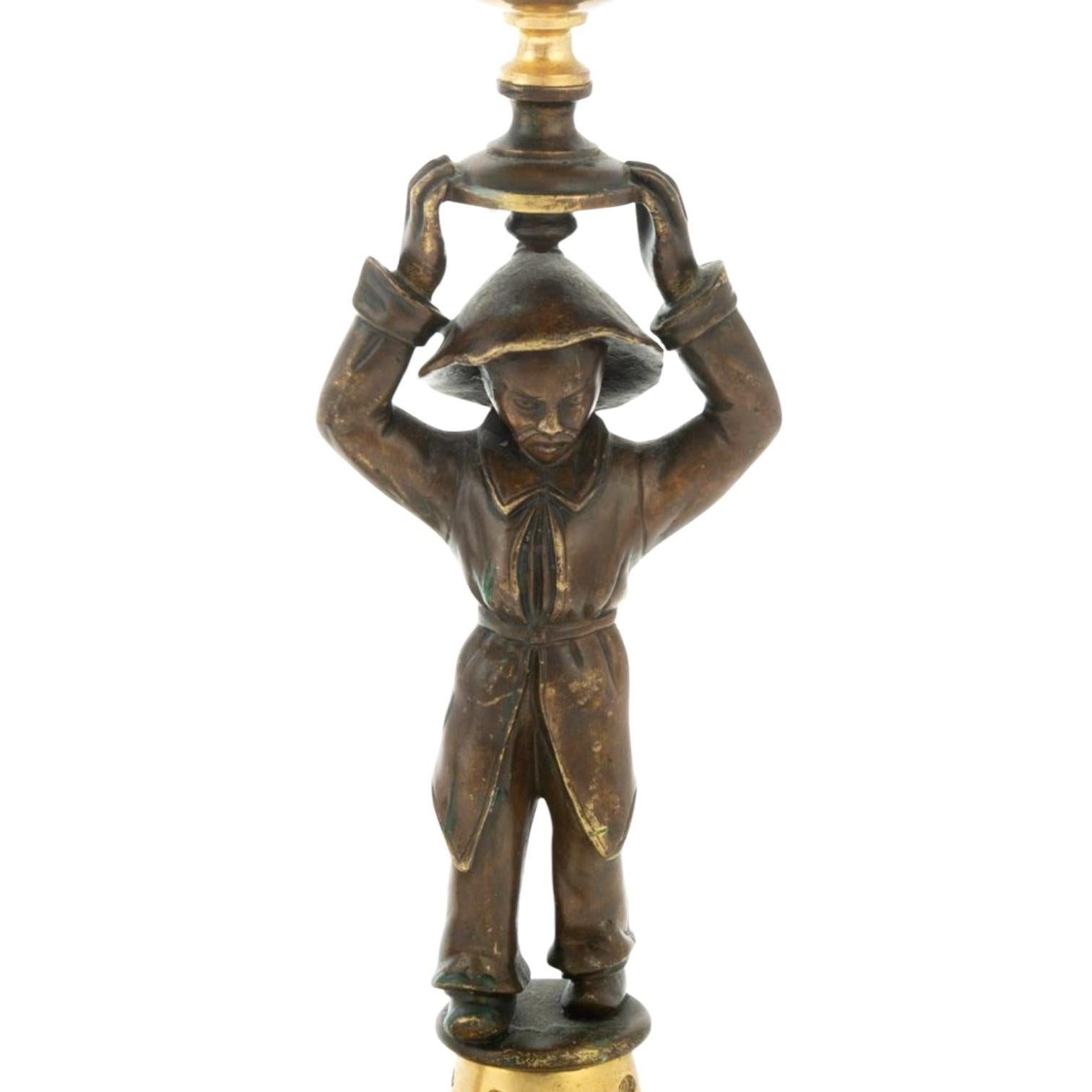 European 20th-C. Regency Style Chinoiserie Bronze / Brass Candlesticks W/ Faux Bamboo S/2 For Sale