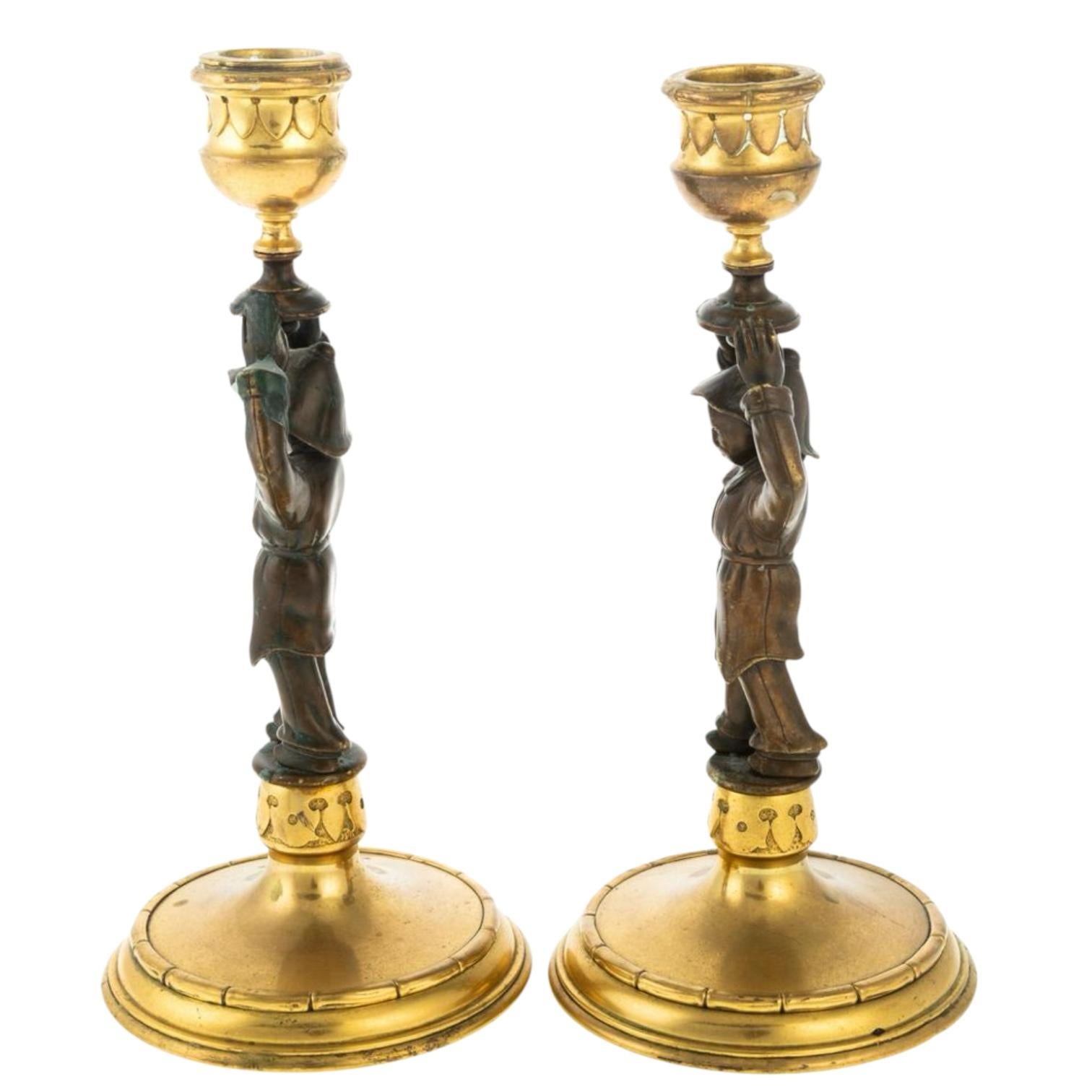 20th-C. Regency Style Chinoiserie Bronze / Brass Candlesticks W/ Faux Bamboo S/2 In Good Condition For Sale In Kennesaw, GA