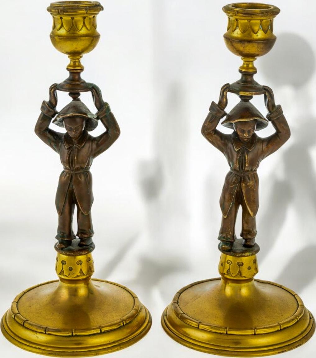 20th Century 20th-C. Regency Style Chinoiserie Bronze / Brass Candlesticks W/ Faux Bamboo S/2 For Sale