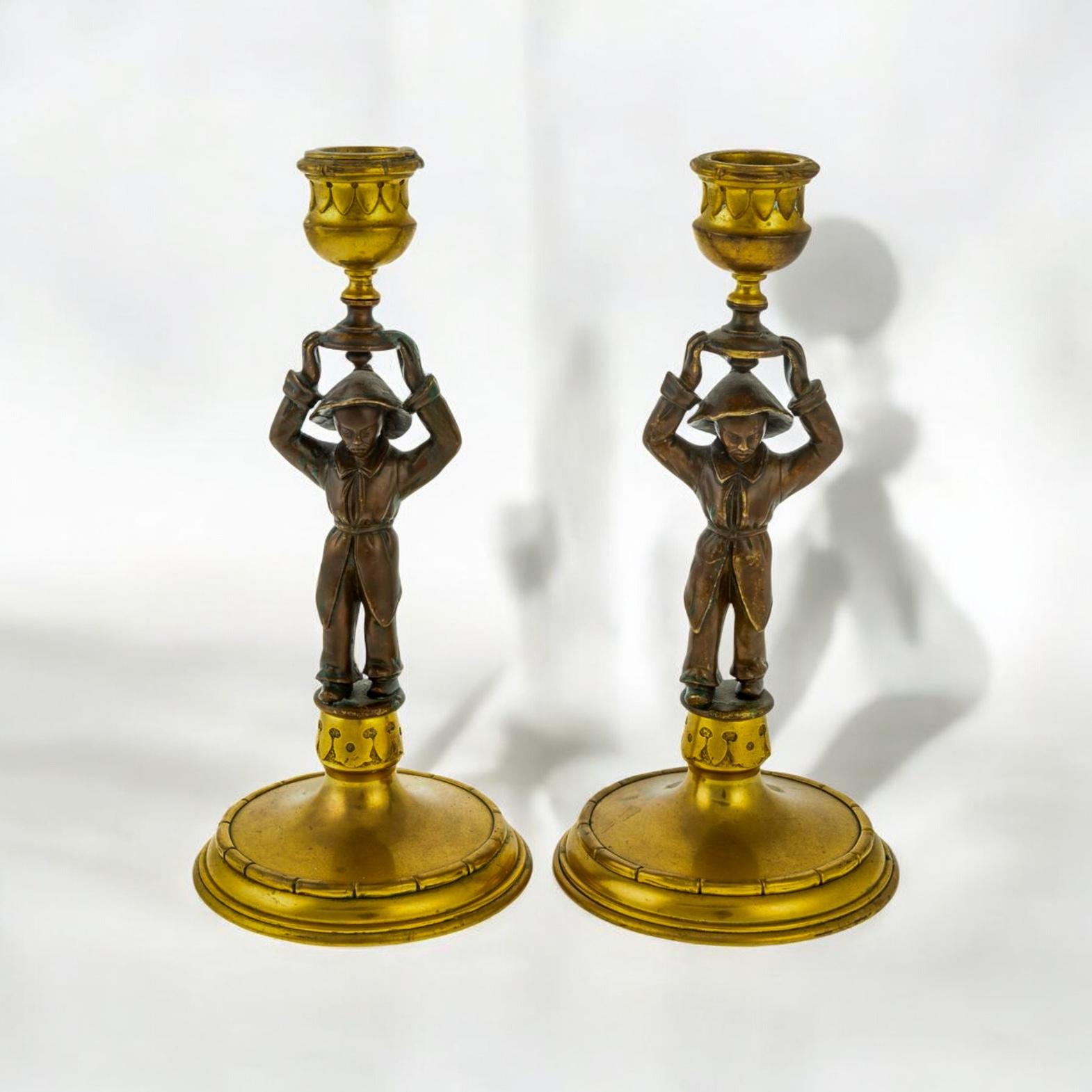20th-C. Regency Style Chinoiserie Bronze / Brass Candlesticks W/ Faux Bamboo S/2 For Sale 2